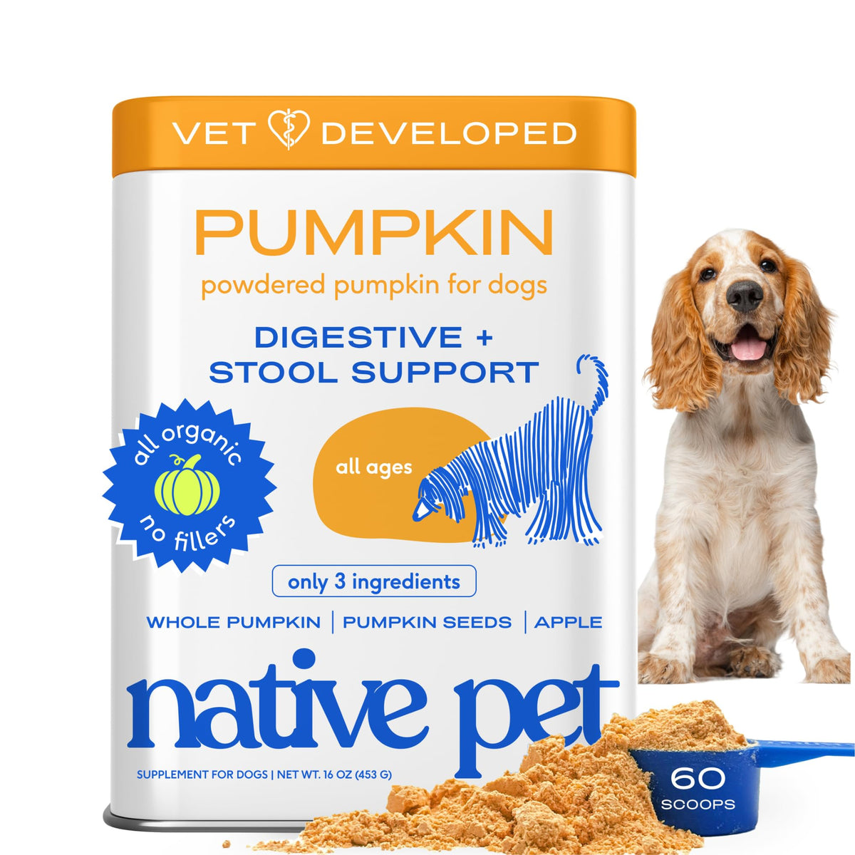 Native Pet Pumpkin for Dogs powder scoop over meal, supports digestive comfort