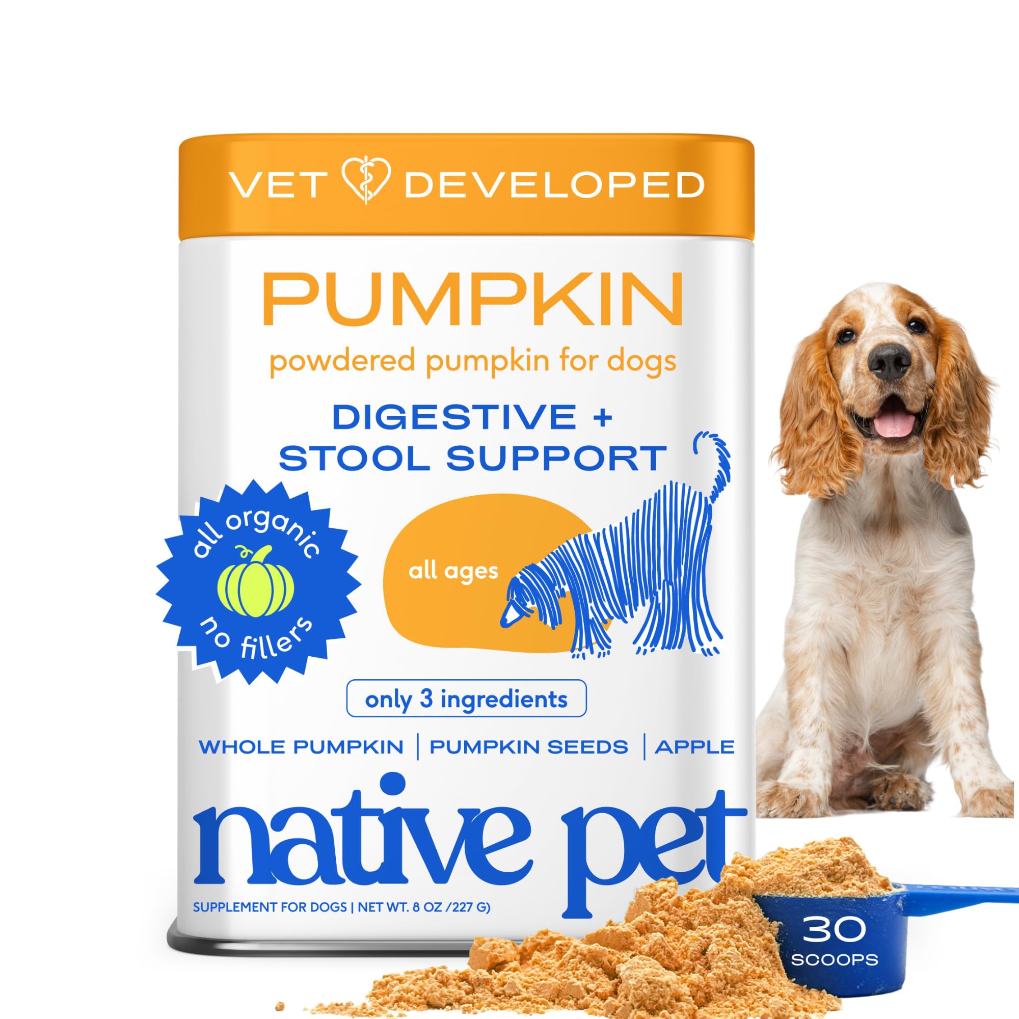 Native Pet Pumpkin for Dogs scoop over meals to support firm stools and digestion.