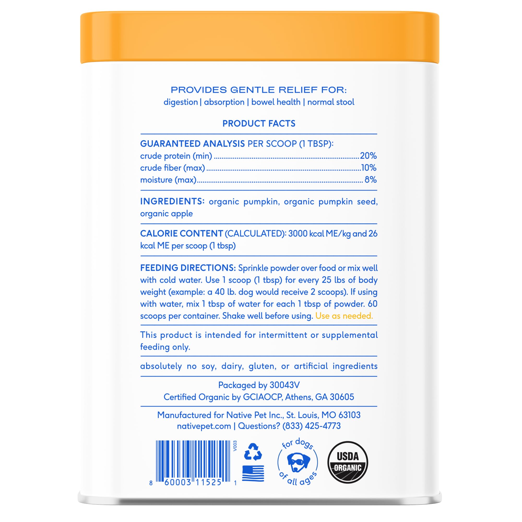 Native Pet Pumpkin Powder Made in USA under USDA Organic standards