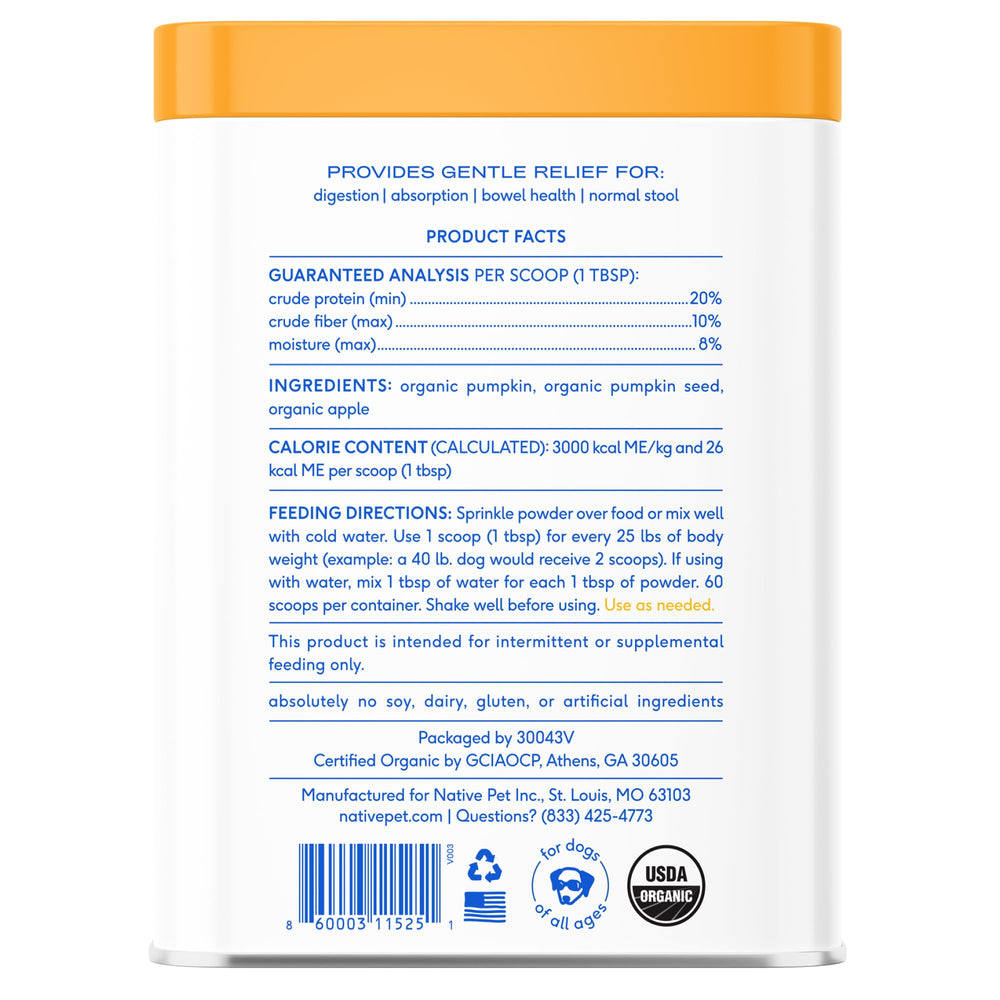 Native Pet Pumpkin Powder Made in USA under USDA Organic standards