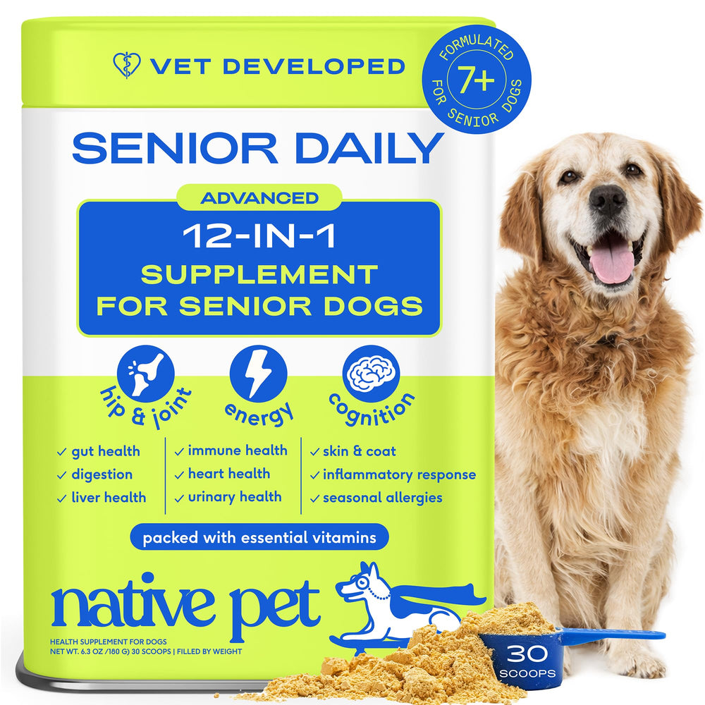 Native Pet Senior Daily Vitamins bottle front showing all-in-one dog health support.