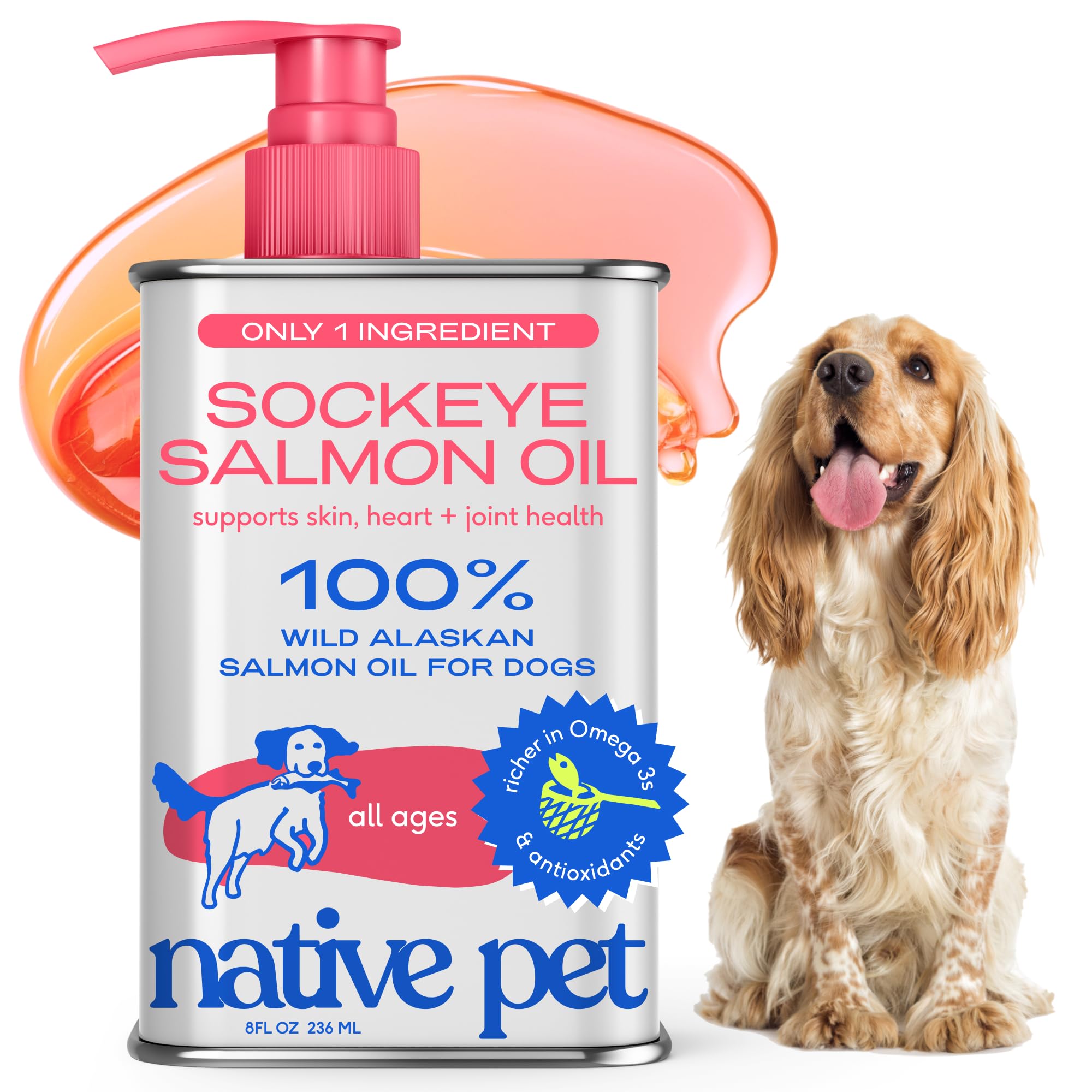 Native Pet Sockeye Salmon Oil bottle with pump for easy daily dosing.