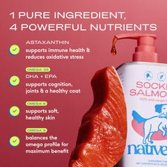 Native Pet Sockeye Salmon Oil label close-up highlighting wild origin.