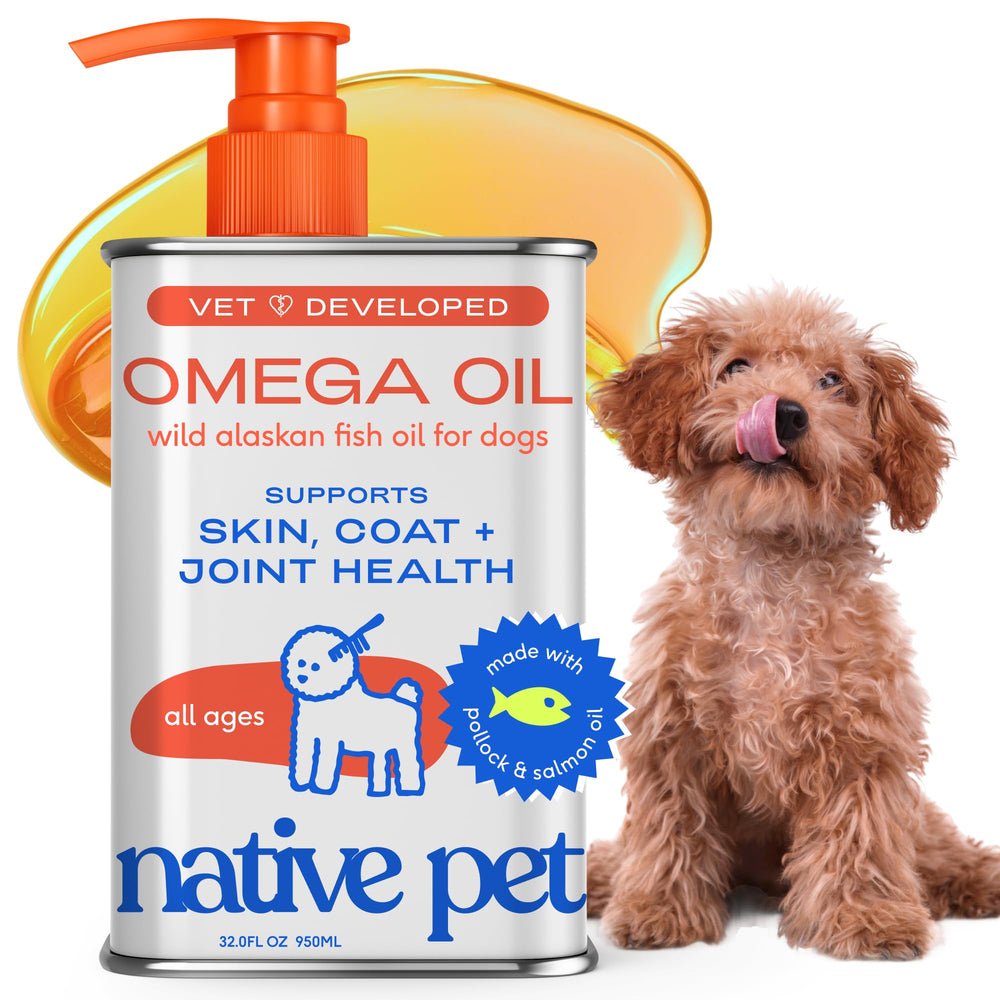 Native Pet wild Alaskan salmon oil bottle showing daily omega support for pets
