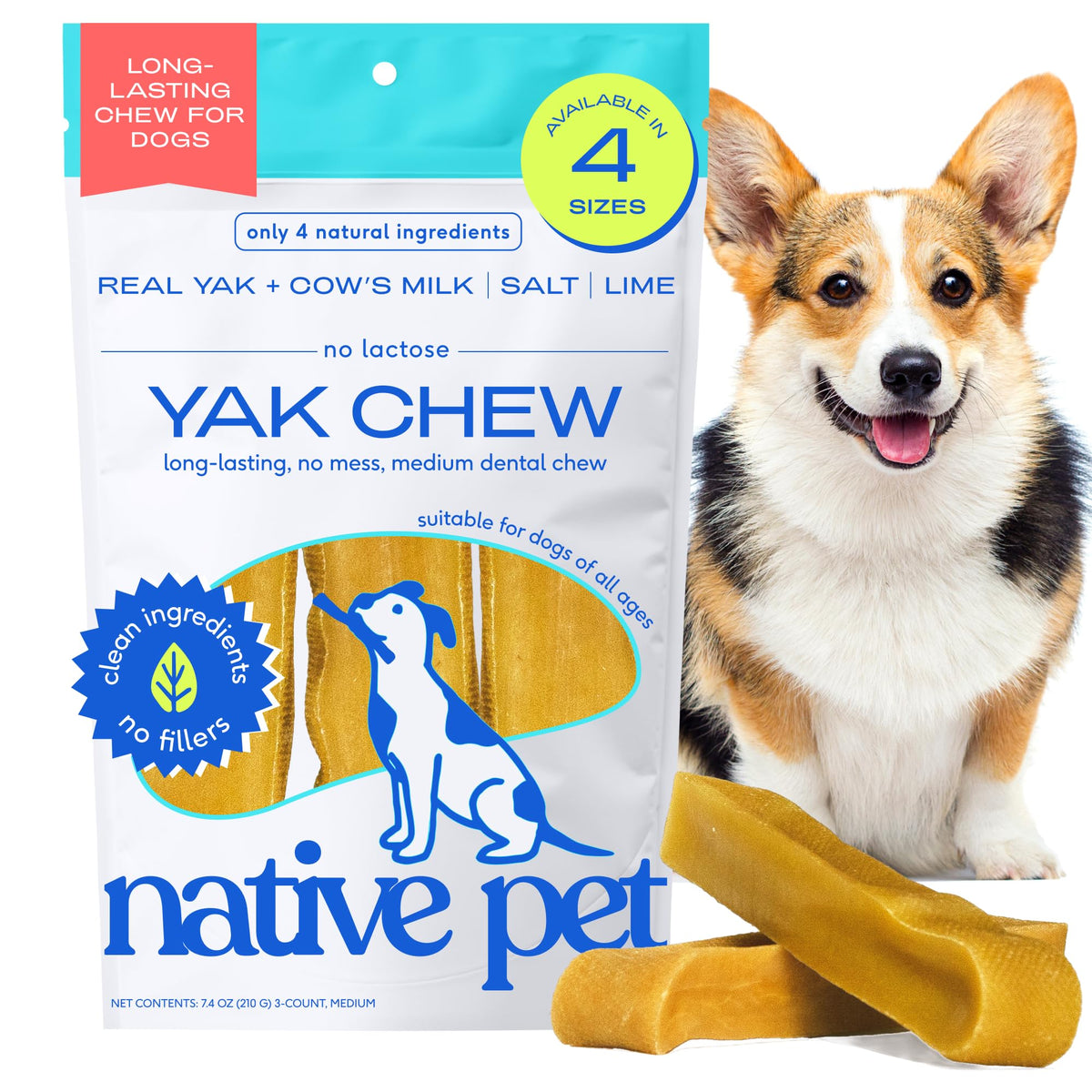 Native Pet Yak Chews dental sticks for medium dogs promote dental health.