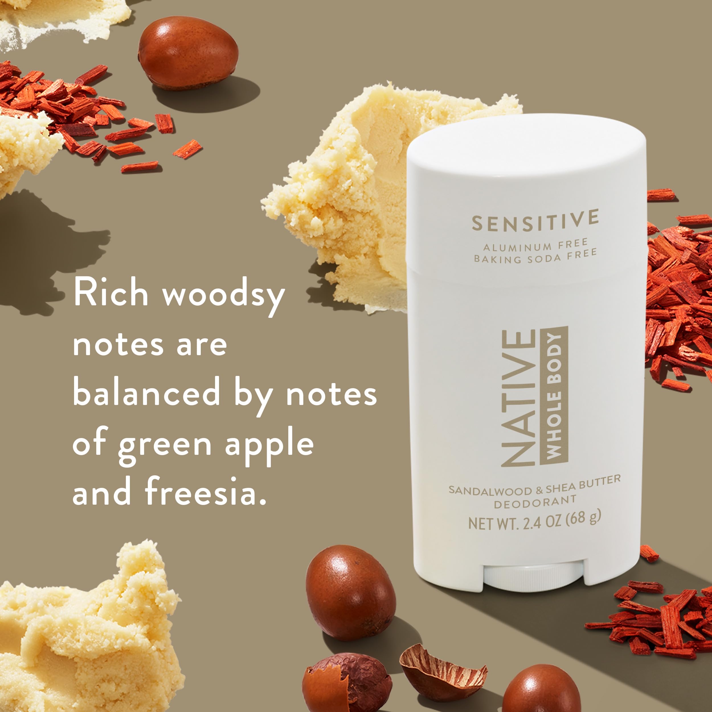 Native sandalwood-shea texture close-up, creamy and non-greasy for everyday comfort