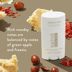 Native sandalwood-shea texture close-up, creamy and non-greasy for everyday comfort