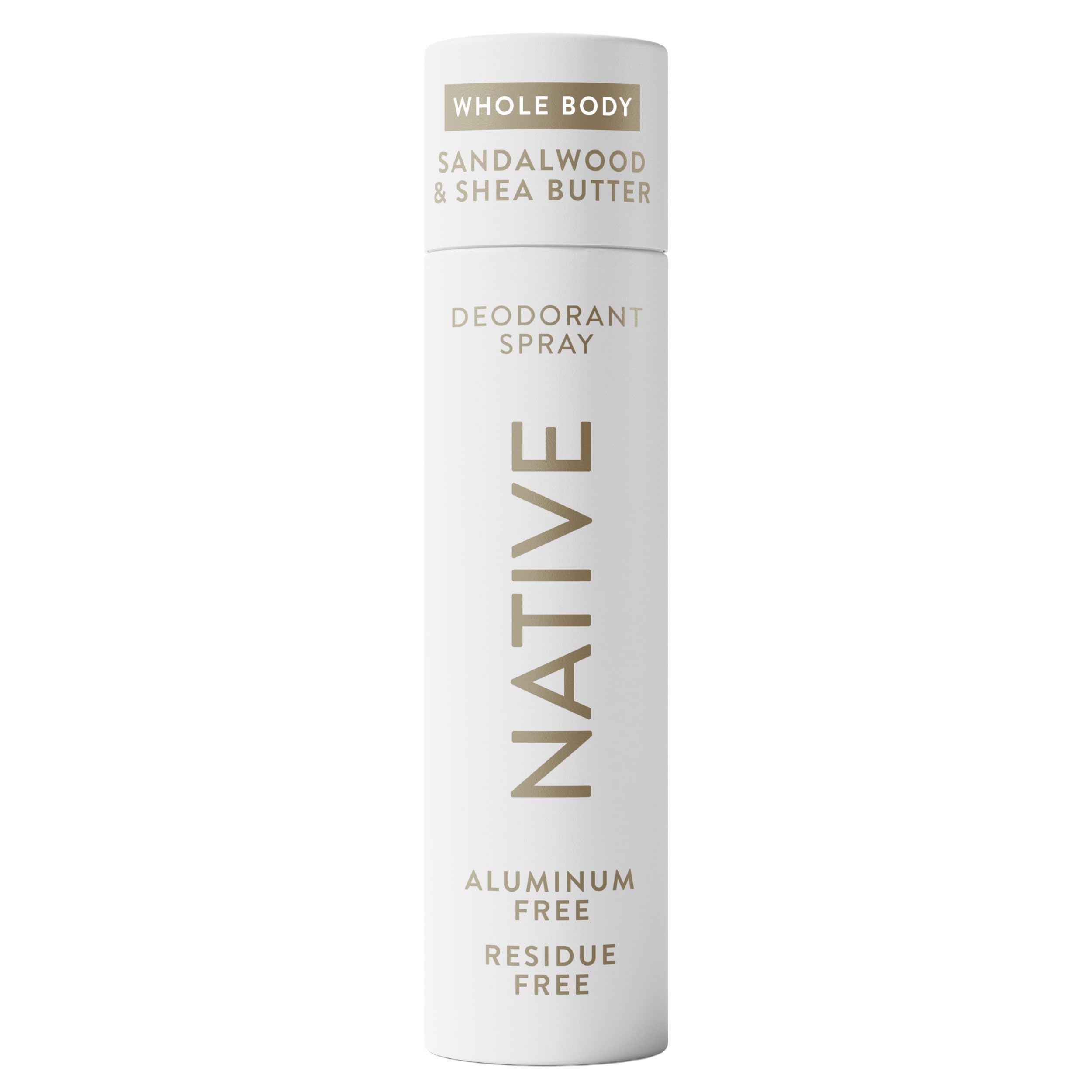 Native Sandalwood & Shea Butter deodorant spray bottle highlights the product for all-day freshness.
