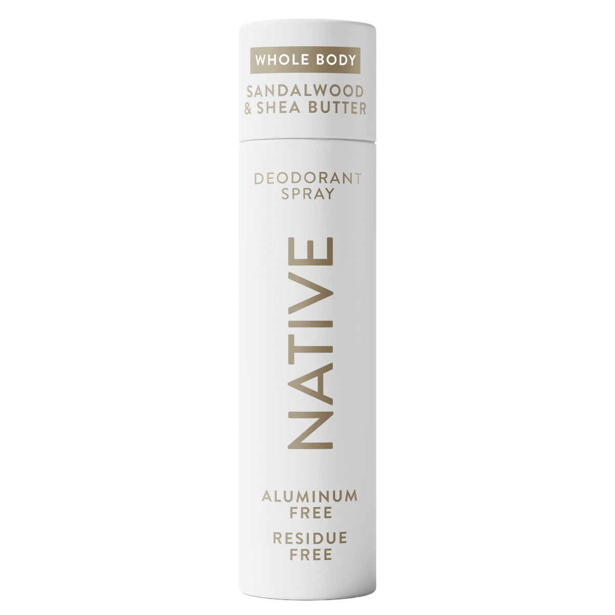 Native Sandalwood & Shea Butter deodorant spray bottle highlights the product for all-day freshness.