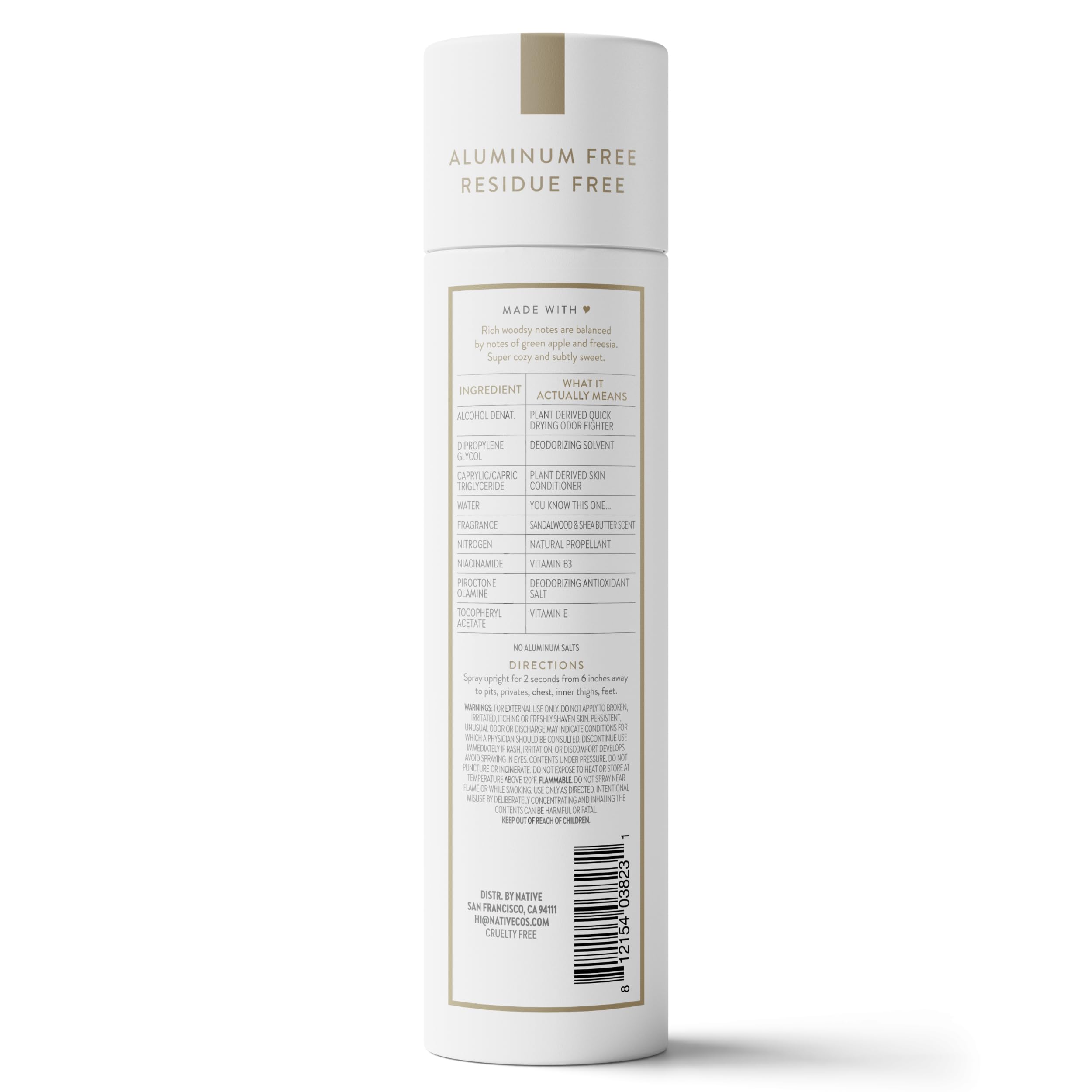Native sandalwood-shea deodorant spray ingredients list emphasizes plant-based conditioners.
