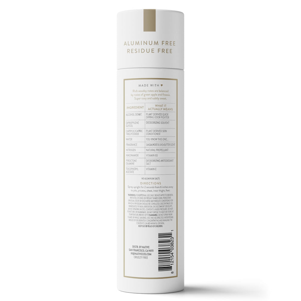 Native sandalwood-shea deodorant spray ingredients list emphasizes plant-based conditioners.