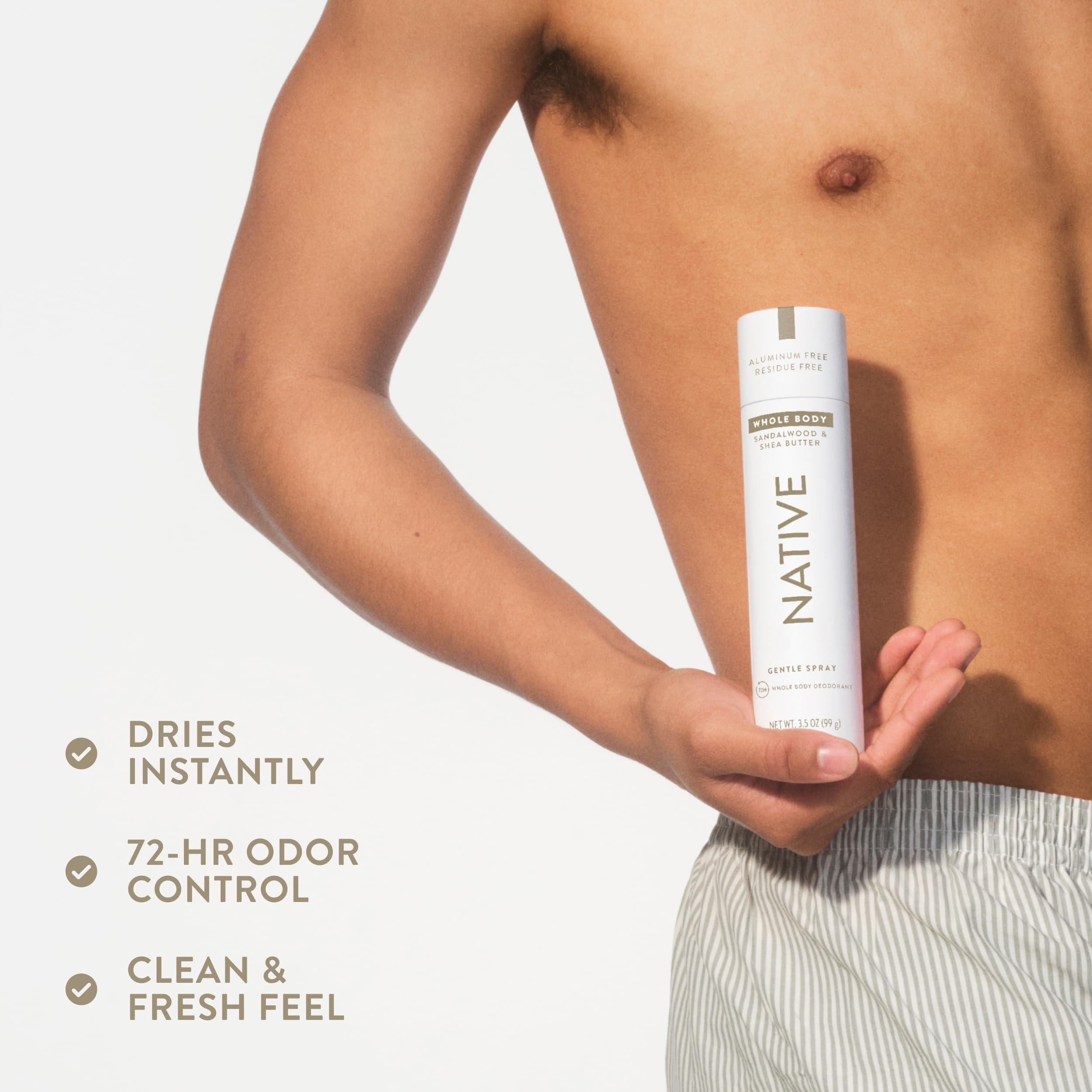 Native sandalwood-shea spray in hand illustrates a light, ready-to-use mist.