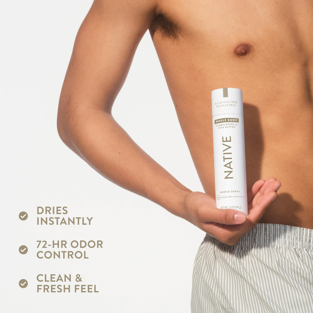 Native sandalwood-shea spray in hand illustrates a light, ready-to-use mist.
