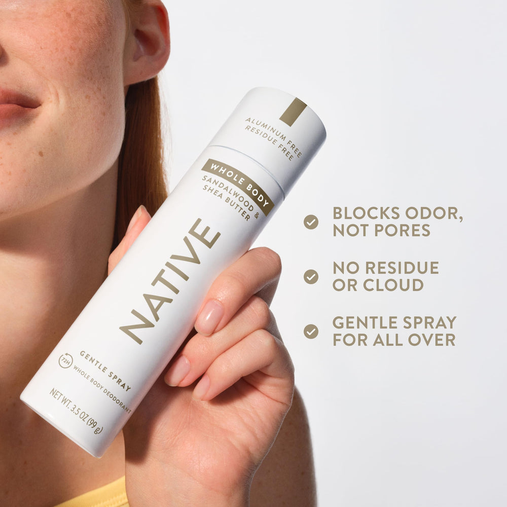Native deodorant spray packaging box highlights nitrogen propellant and clean formula.