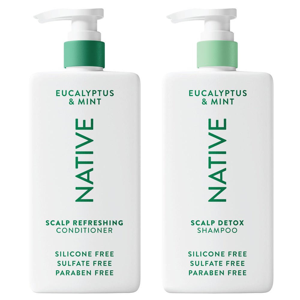 Native Scalp Detox Shampoo bottle pour showing clarifying cleanse benefits