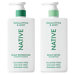 Native Scalp Detox Shampoo bottle pour showing clarifying cleanse benefits