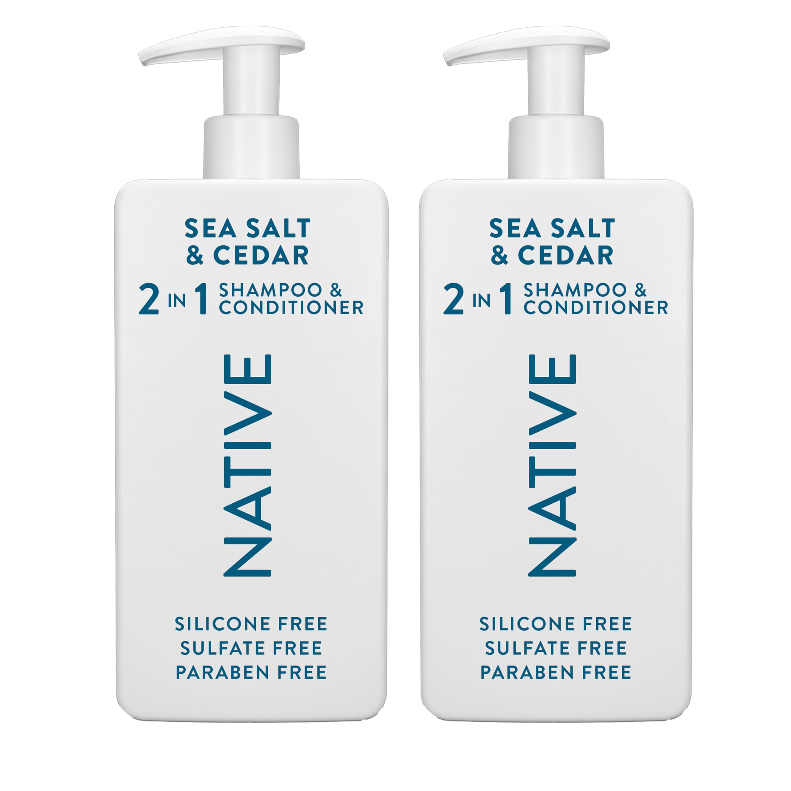 Native Sea Salt & Cedar 2N1 bottle shows sulfate-free formula for healthy-looking hair.