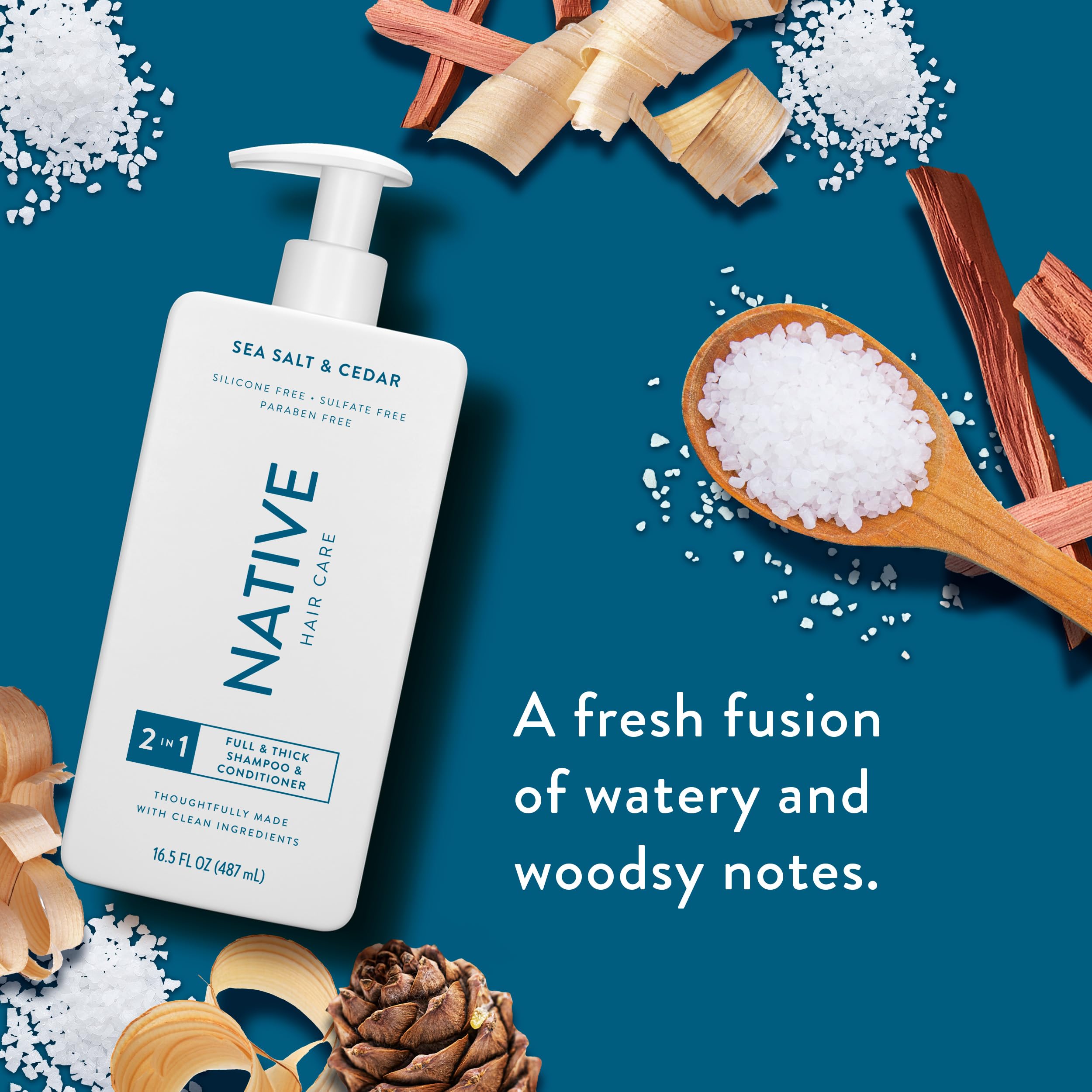 Native Sea Salt & Cedar 2N1 ingredients list highlights plant oil-based cleansers and clean formulation.