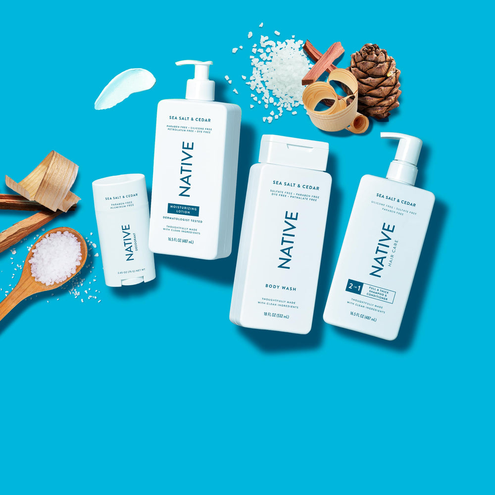 Native Sea Salt & Cedar 2N1 label graphic communicates fragrance and free-from claims clearly.