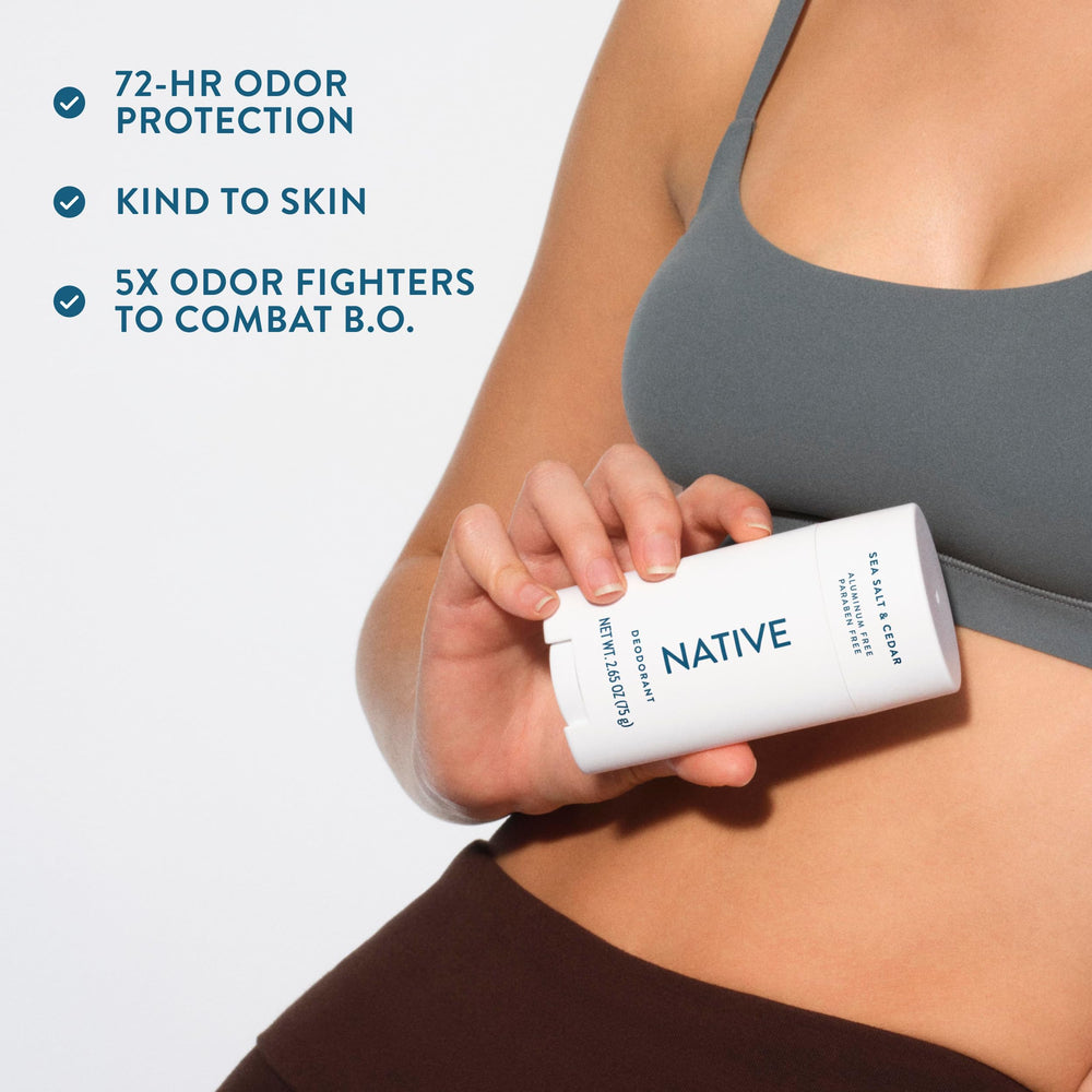 Scent close-up conveys a fresh ocean-wood aroma from Native Sea Salt & Cedar.
