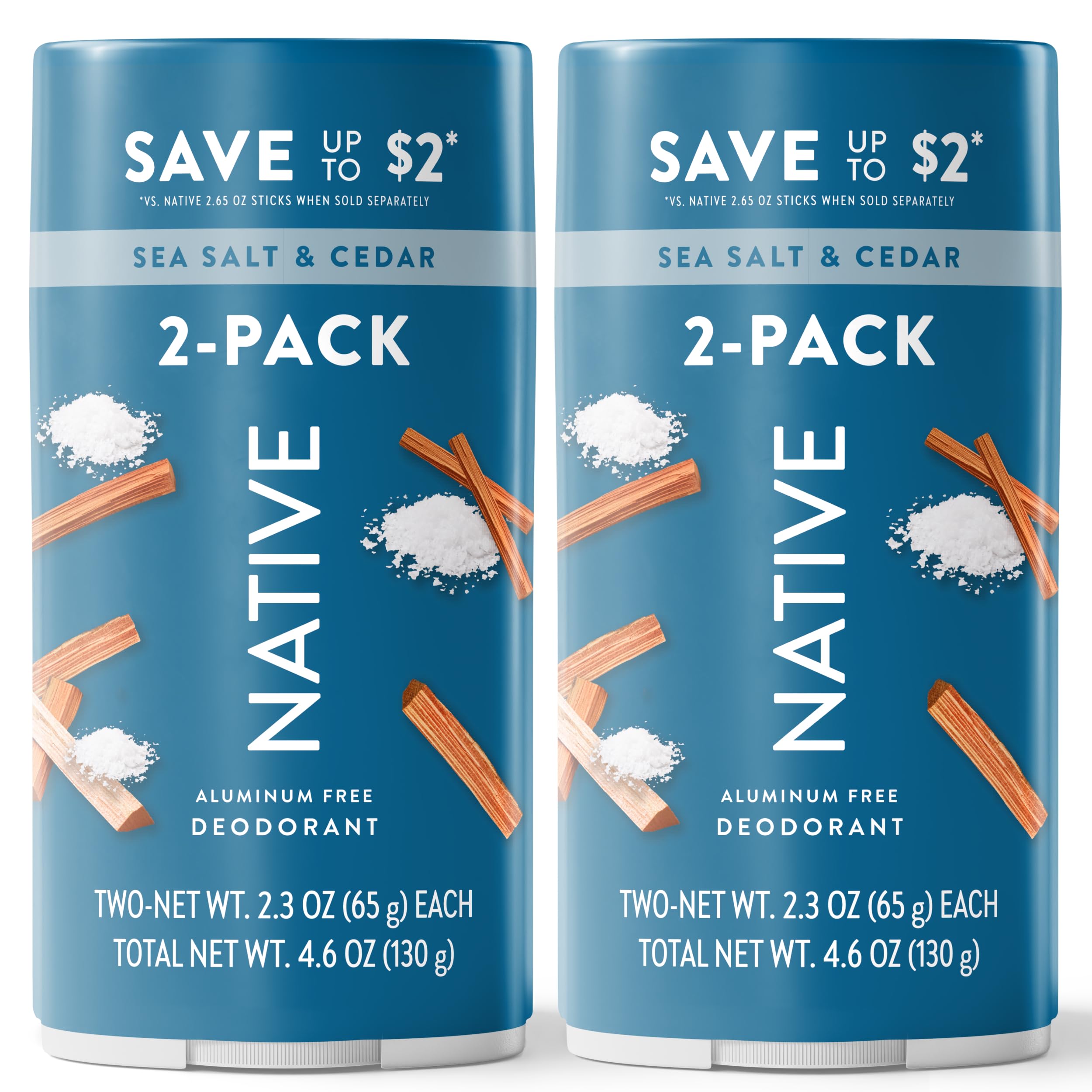 Native Sea Salt & Cedar twin-pack front view for lasting freshness with aluminum-free protection.