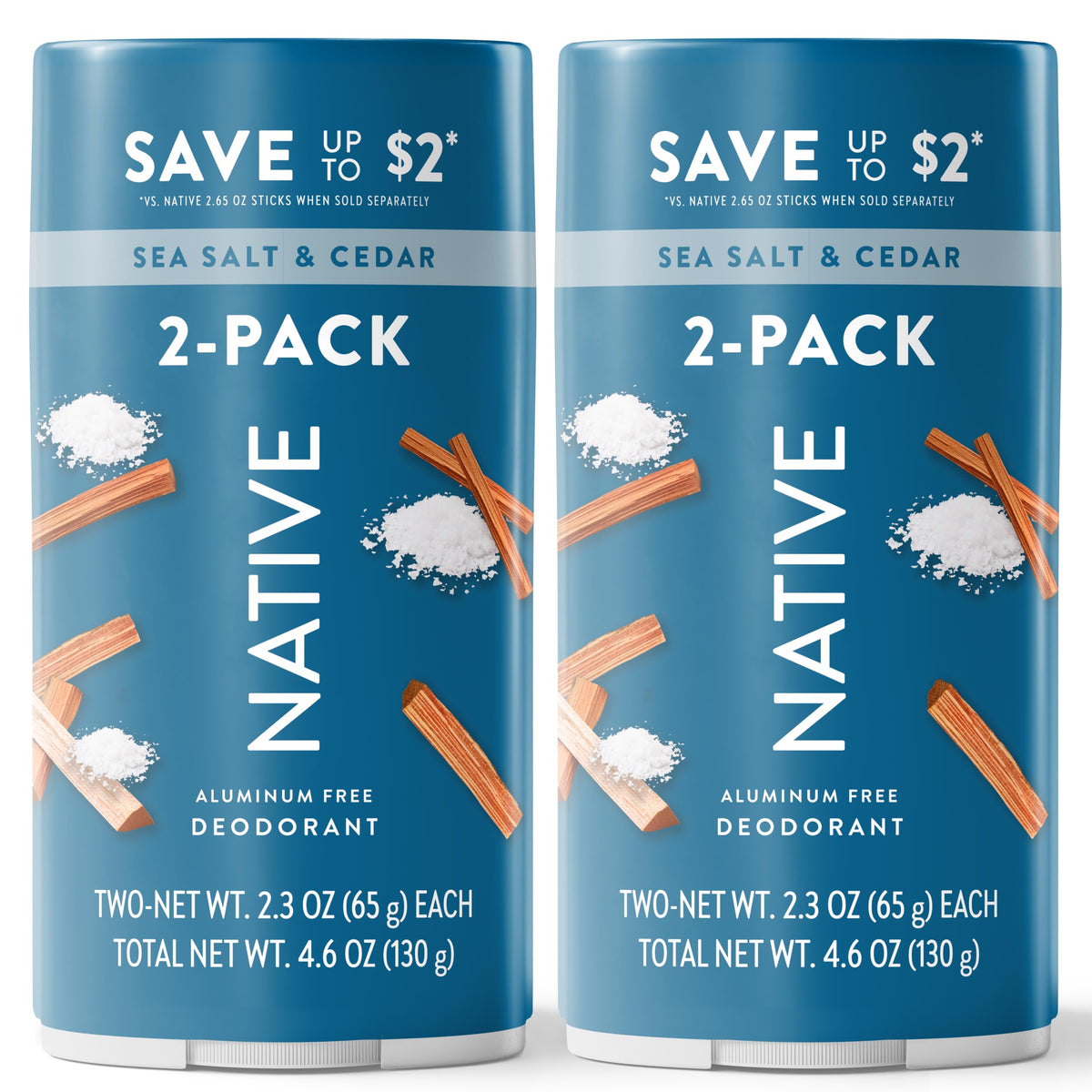 Native Sea Salt & Cedar twin-pack front view for lasting freshness with aluminum-free protection.