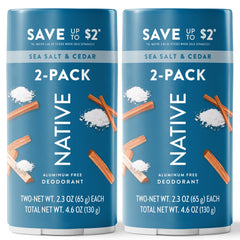 Native Sea Salt & Cedar twin-pack front view for lasting freshness with aluminum-free protection.