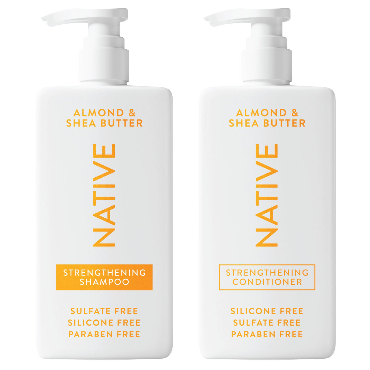Native shampoo bottle with almond-shea scent for gentle cleansing across hair types