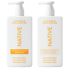 Native shampoo bottle with almond-shea scent for gentle cleansing across hair types