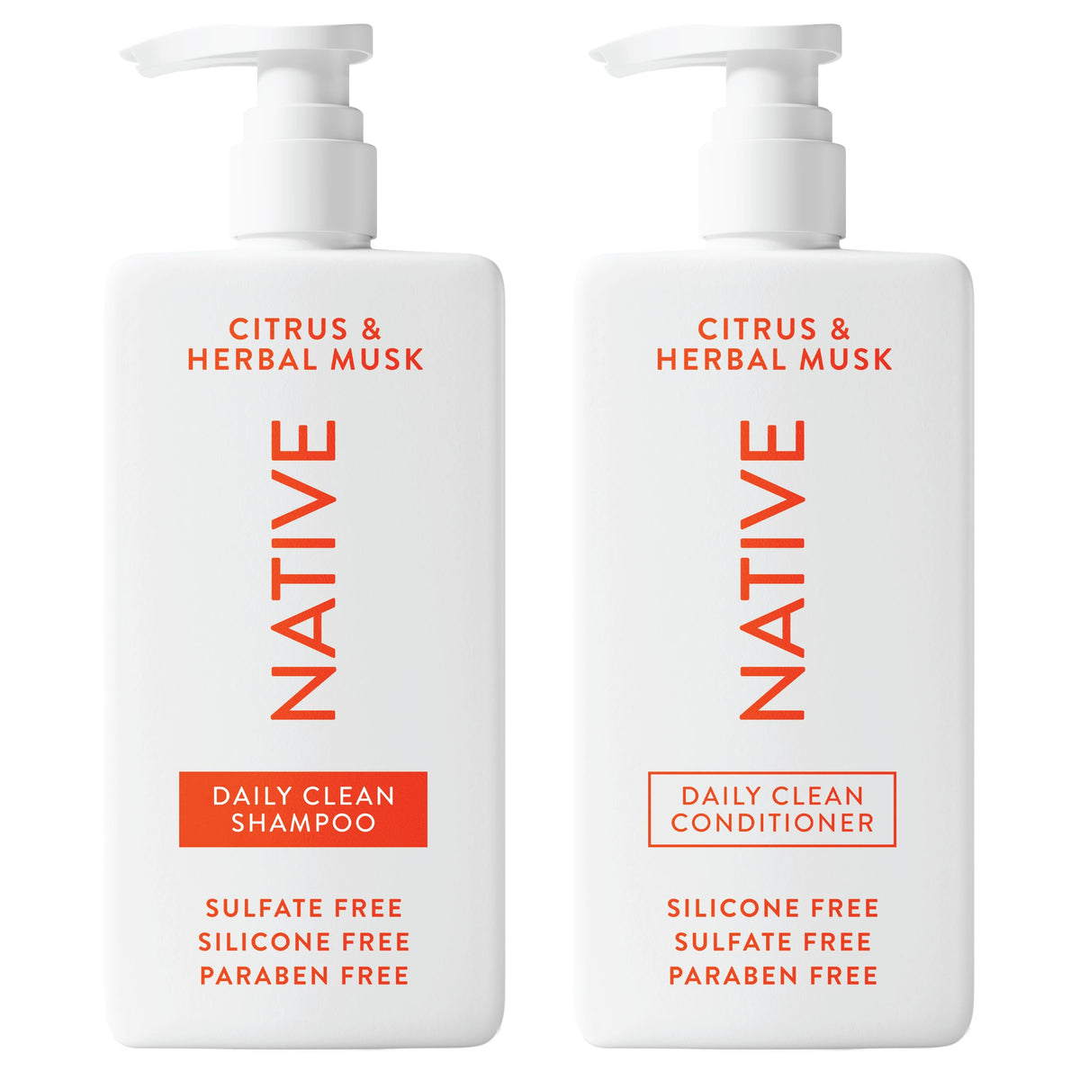 Native Shampoo bottle front view highlights natural ingredients for gentle cleansing.