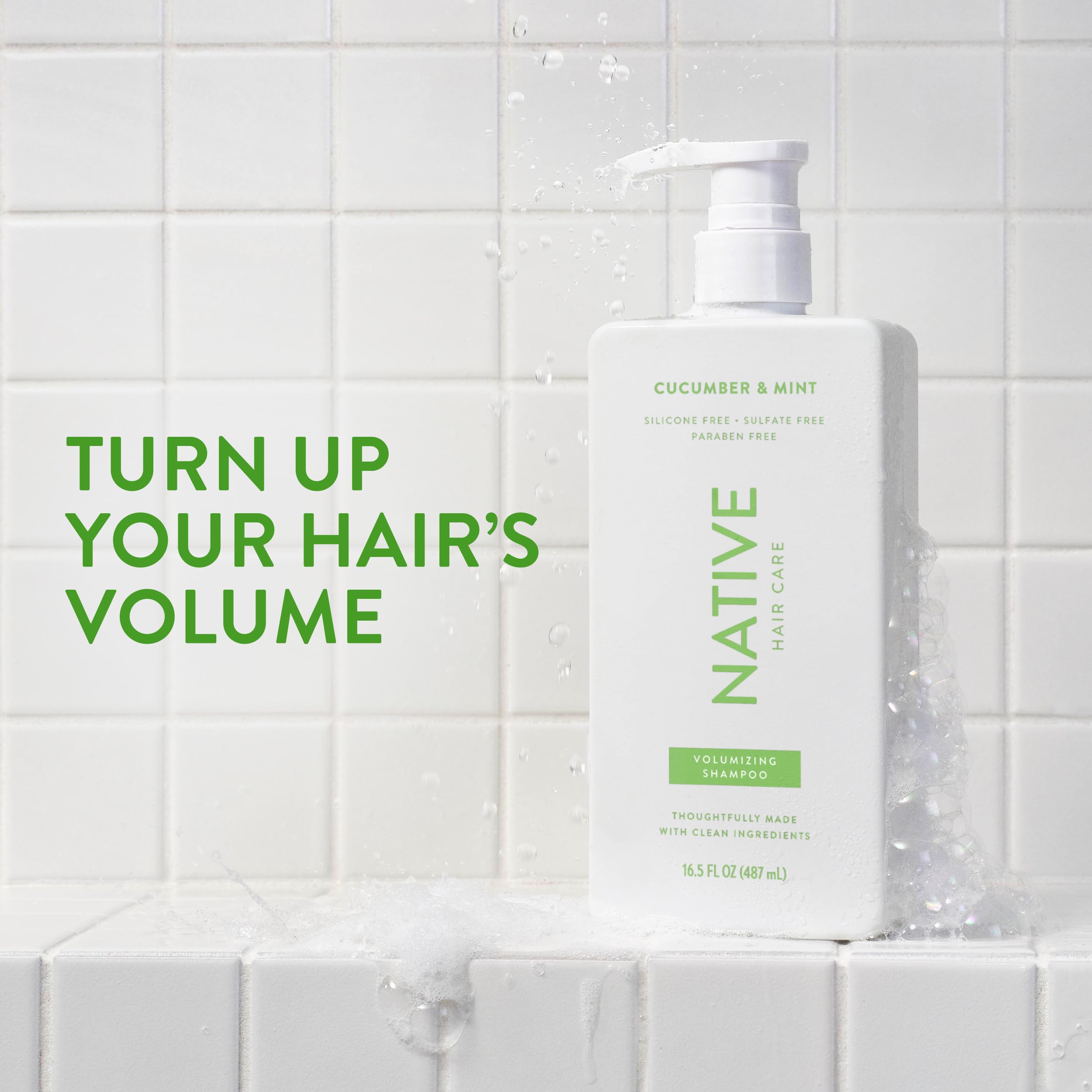 Native shampoo bottle pour highlights a refreshing lather and cucumber mint aroma.