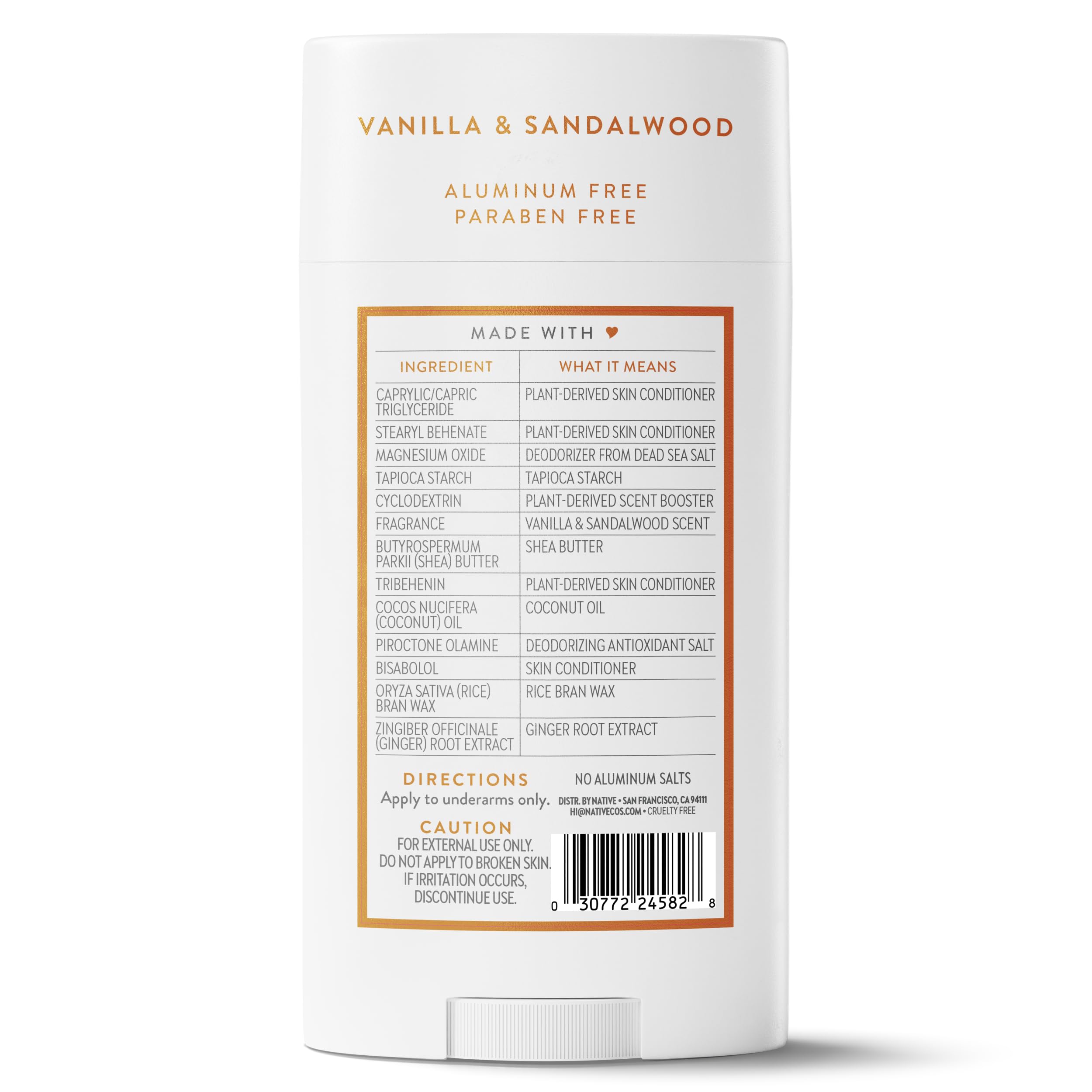  Shea butter and skin conditioners visible in Native deodorant formula.