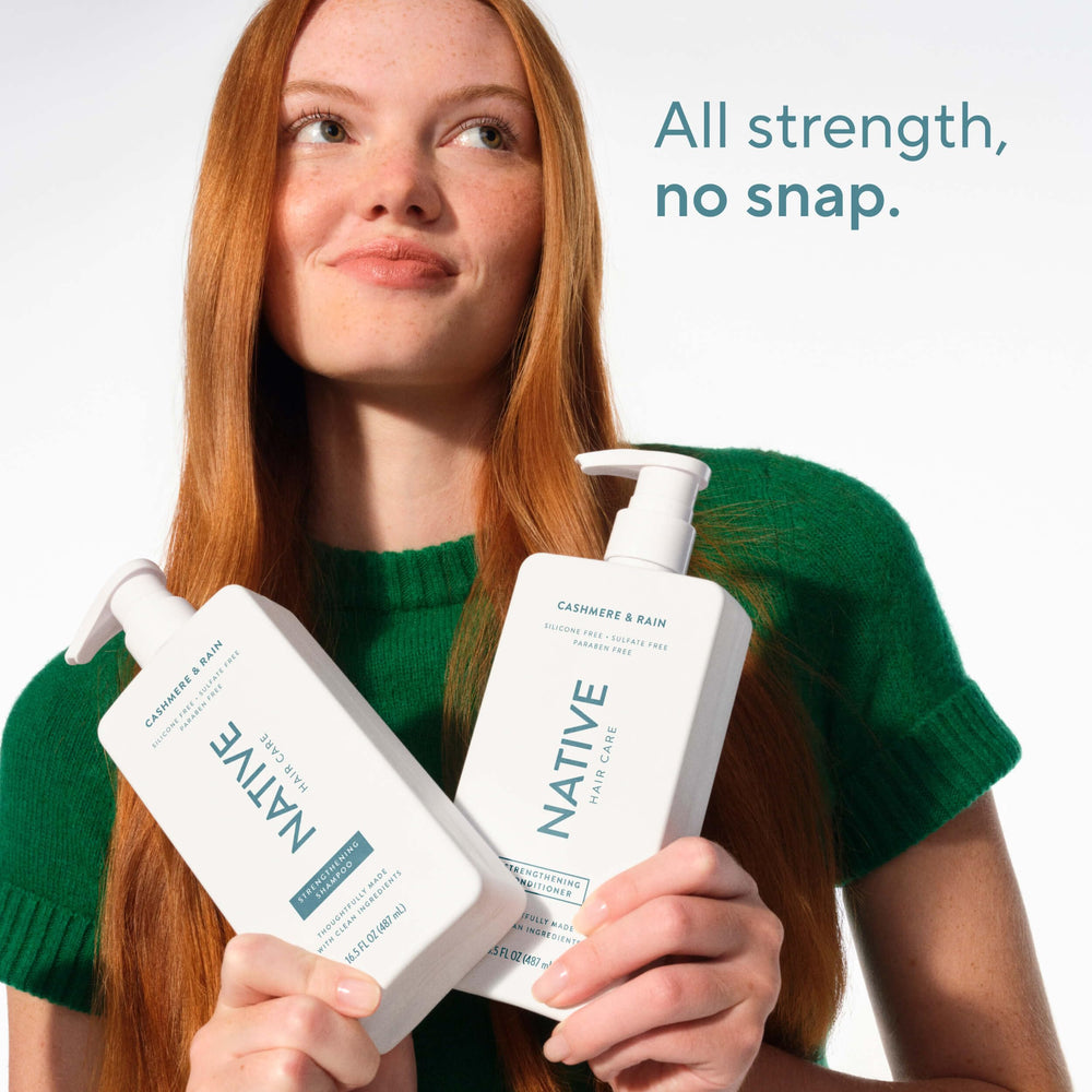 Native Strengthening 2-in-1 after-use hair showing smoother, frizz-reduced look