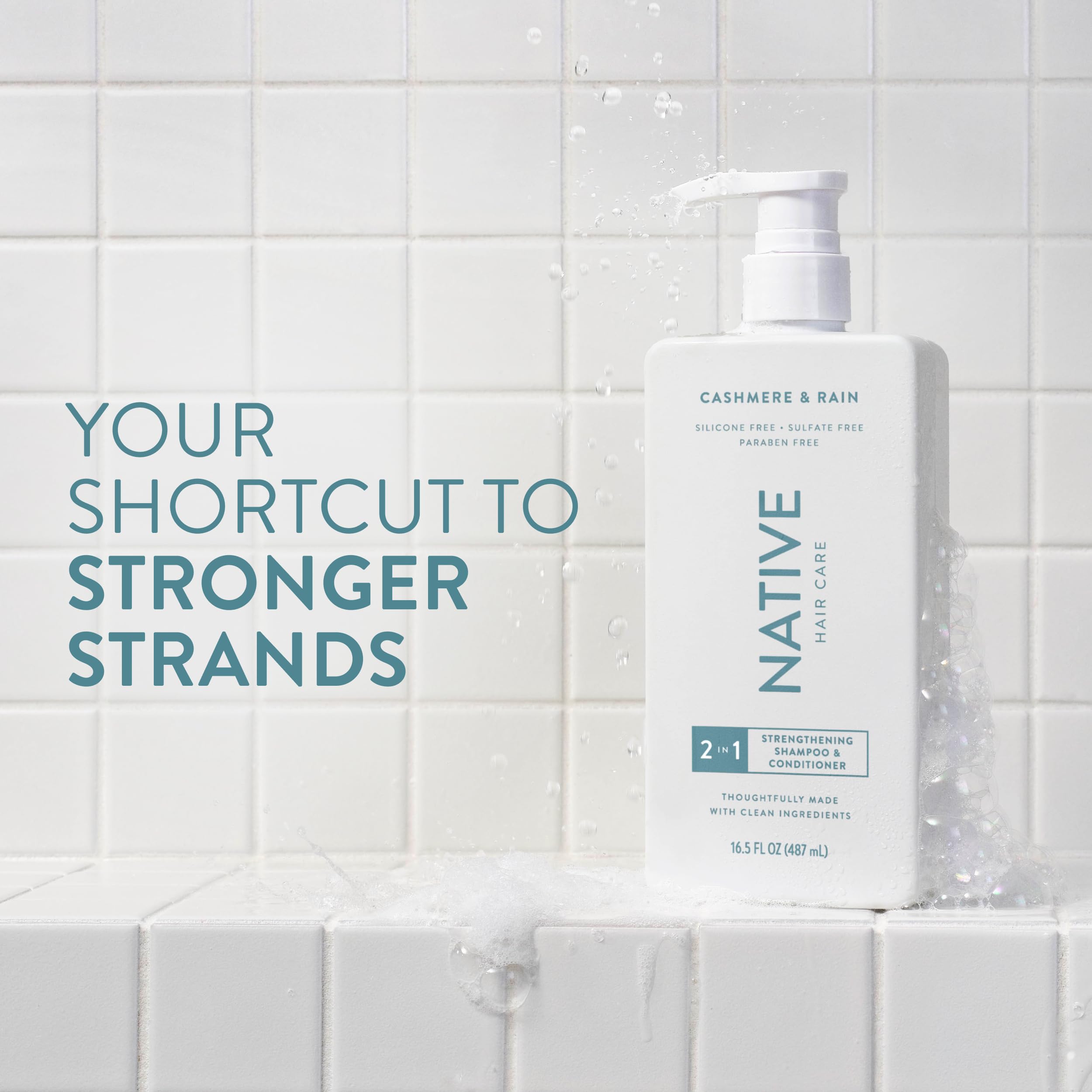 Native Strengthening 2-in-1 label close-up showing clean, dye-free formula benefits