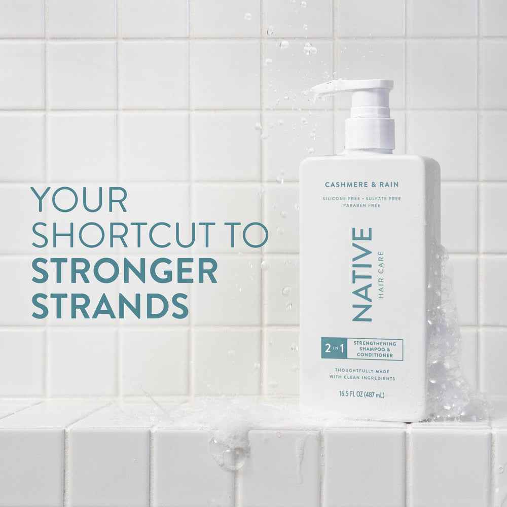 Native Strengthening 2-in-1 label close-up showing clean, dye-free formula benefits