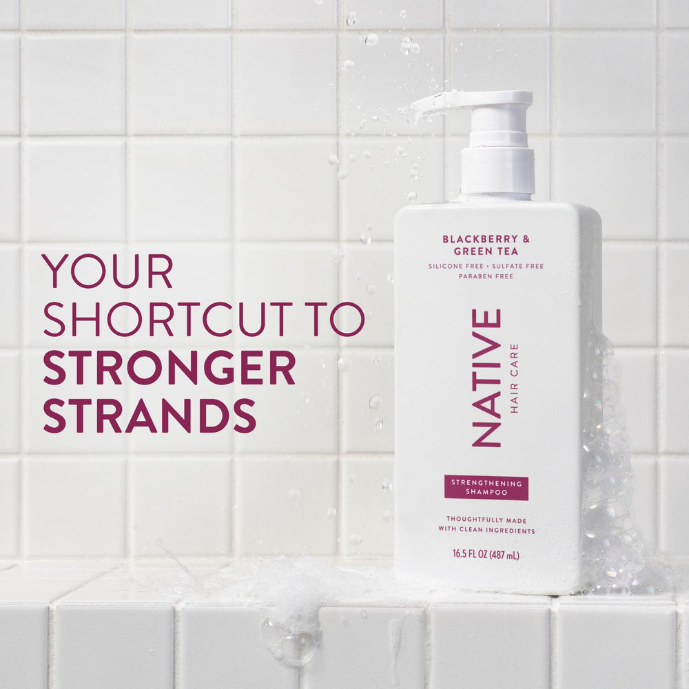 Native Strengthening Shampoo label close-up highlights vegan and sulfate-free features