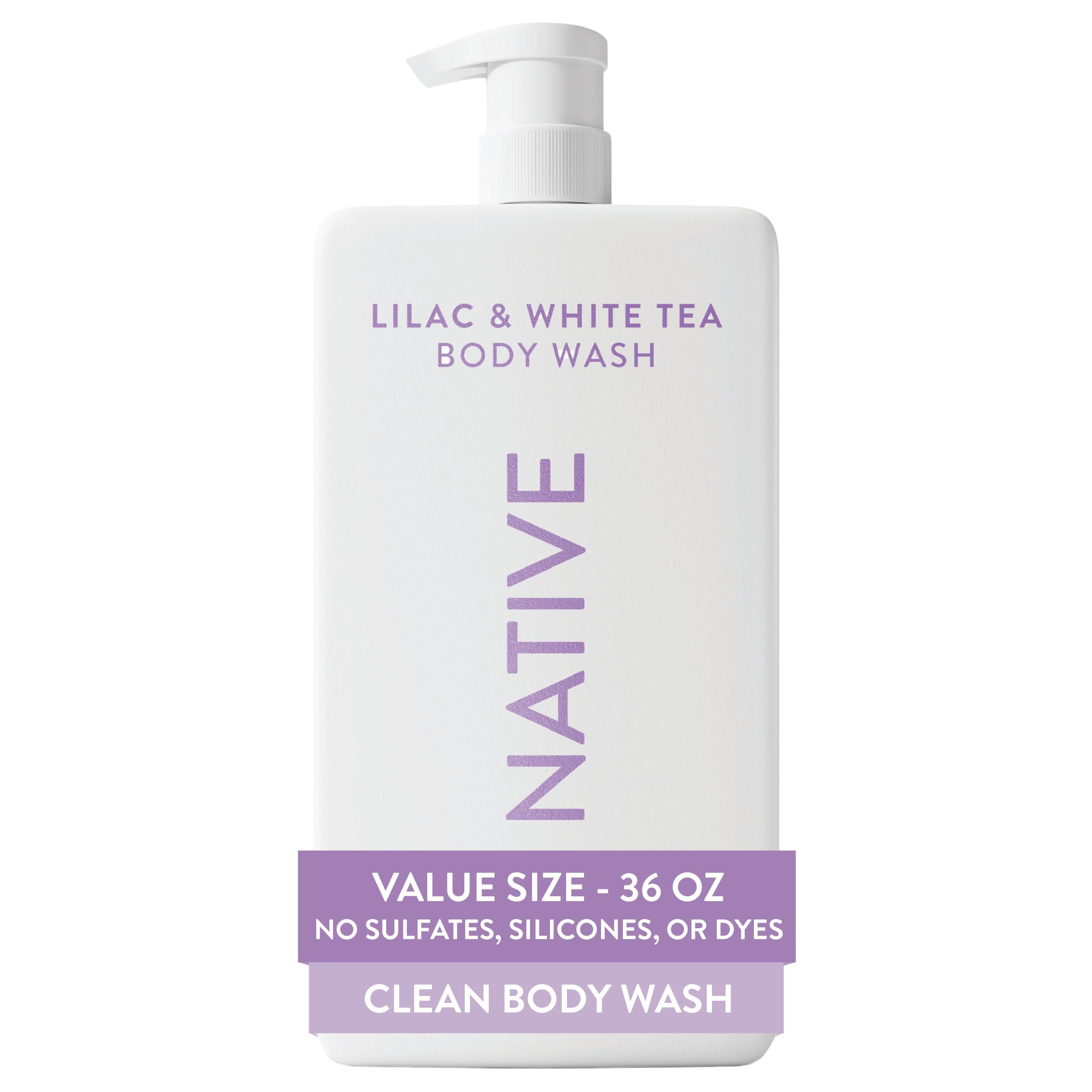 Native sulfate-free body wash bottle with lilac and white tea aroma.