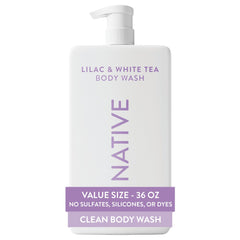 Native sulfate-free body wash bottle with lilac and white tea aroma.