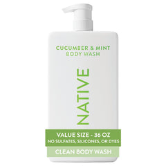 Native sulfate-free body wash bottle pour showing refreshing cleanse in the shower