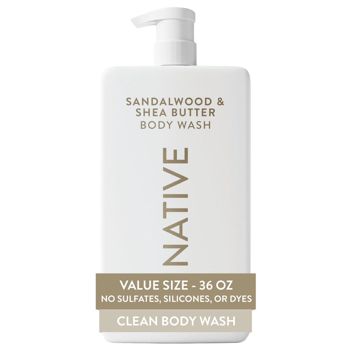 Native Sulfate-Free Body Wash bottle showing sandalwood and shea butter scent for daily refreshment