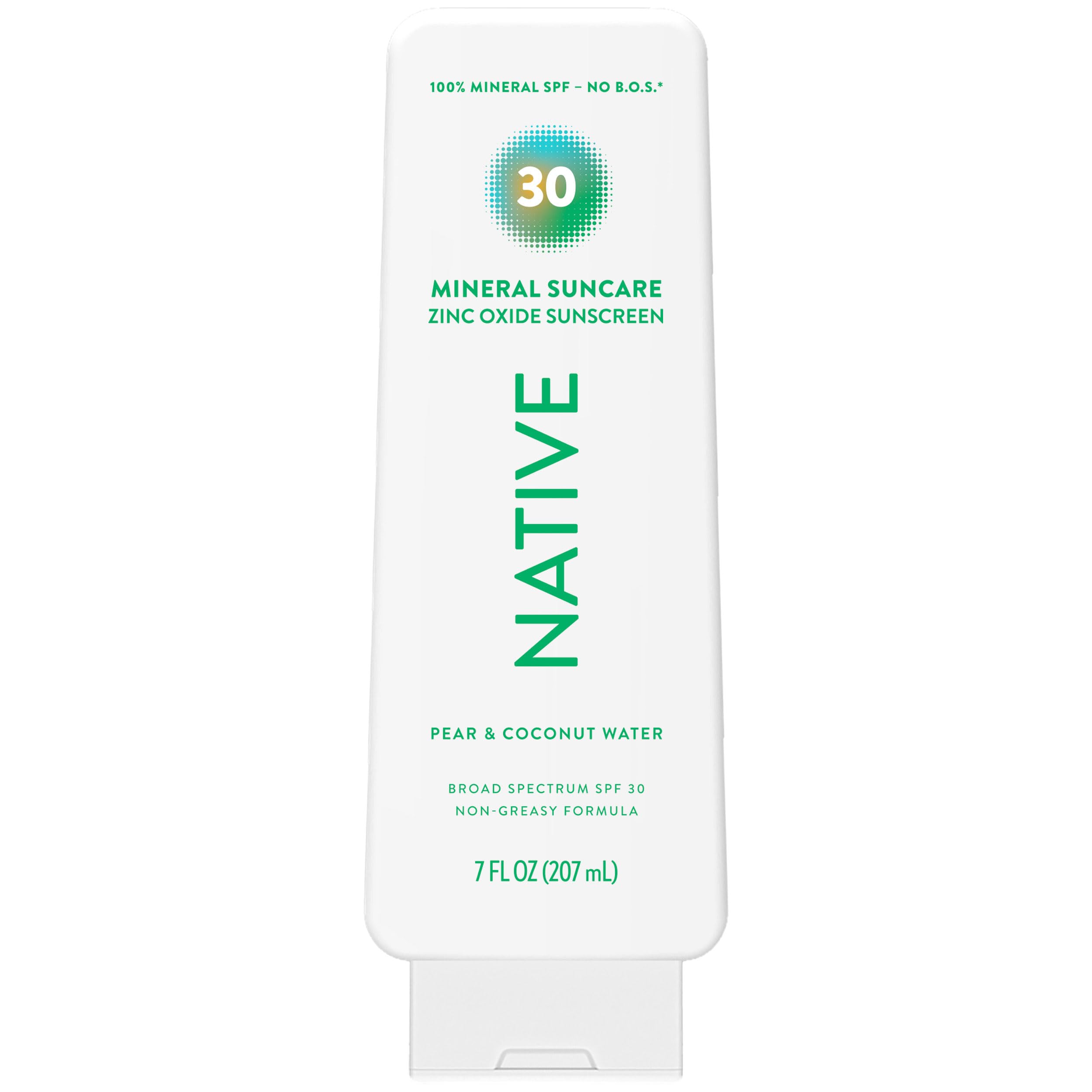 Native Sunscreen Lotion front label highlights pear and coconut water scent for daily use.