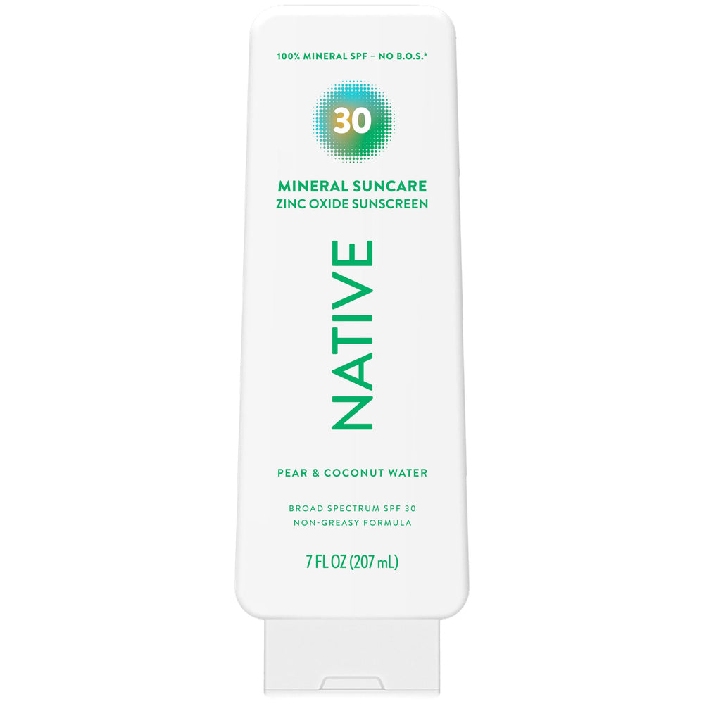 Native Sunscreen Lotion front label highlights pear and coconut water scent for daily use.