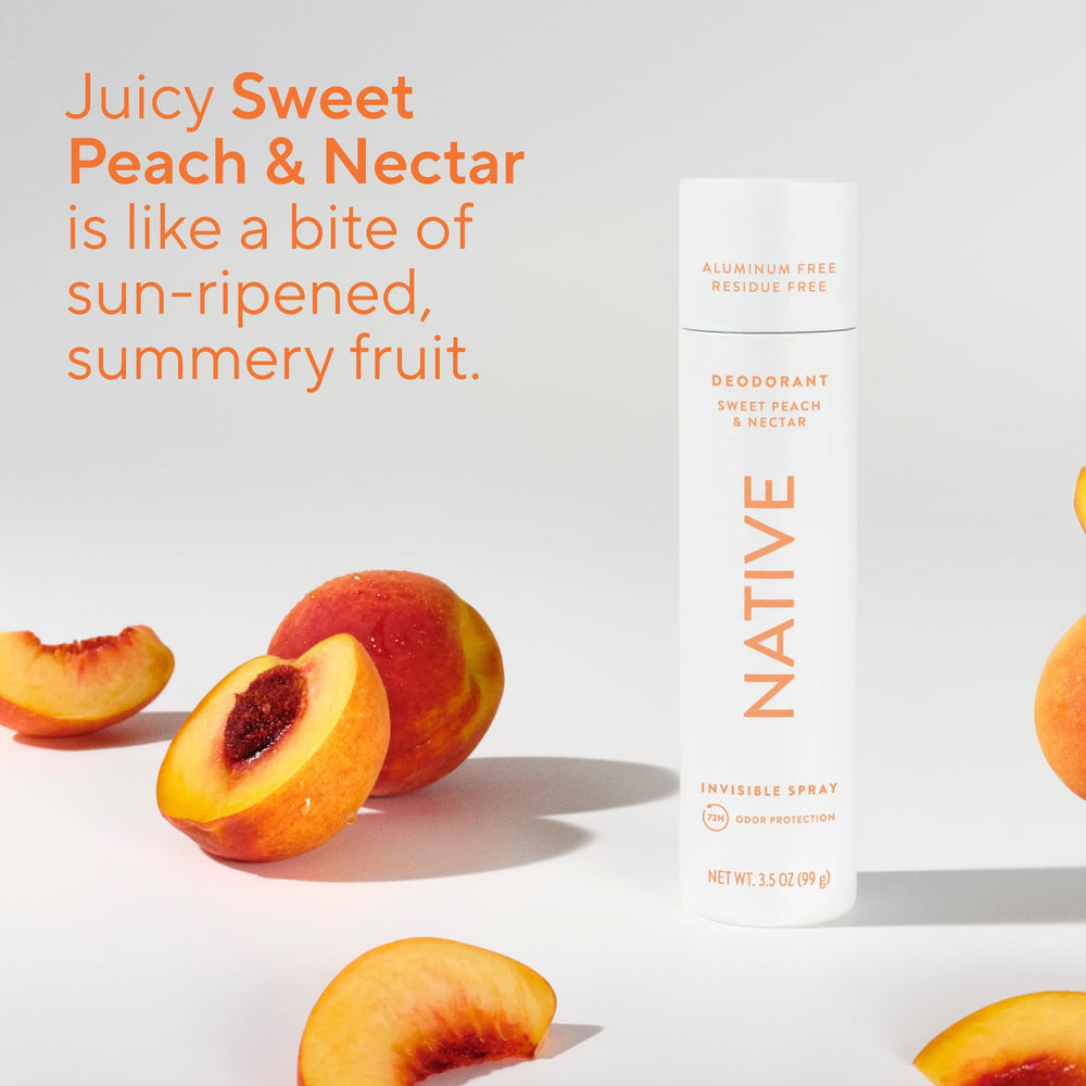 Native Sweet Peach & Nectar body spray on the chest for a light, refreshing scent.