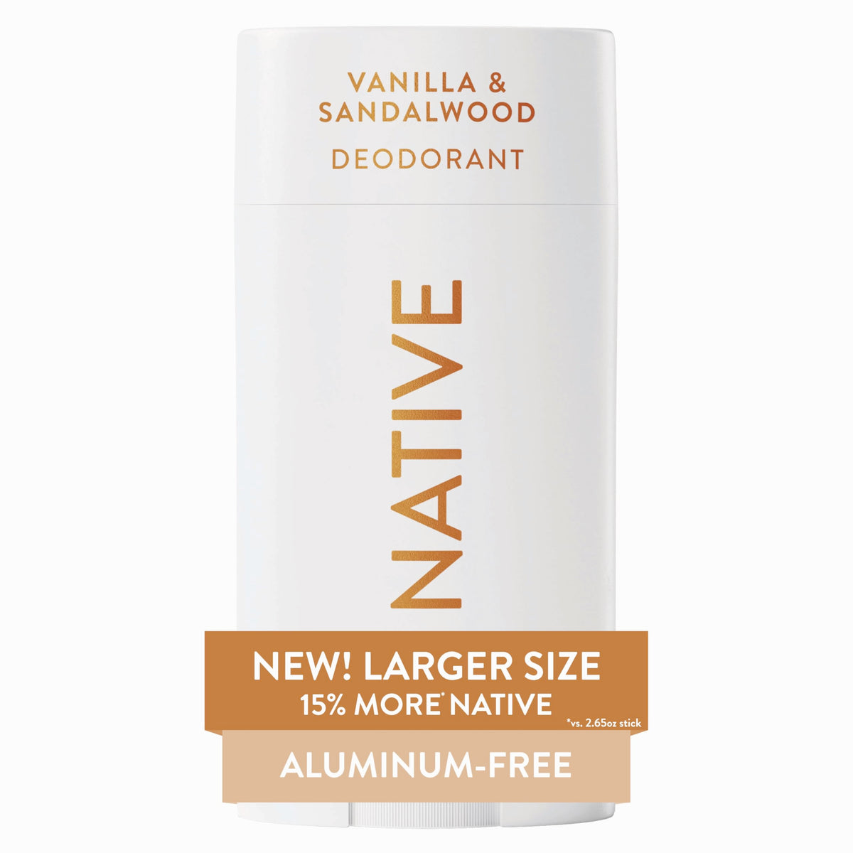 Native Vanilla Sandalwood deodorant stick with sleek packaging and inviting aroma.