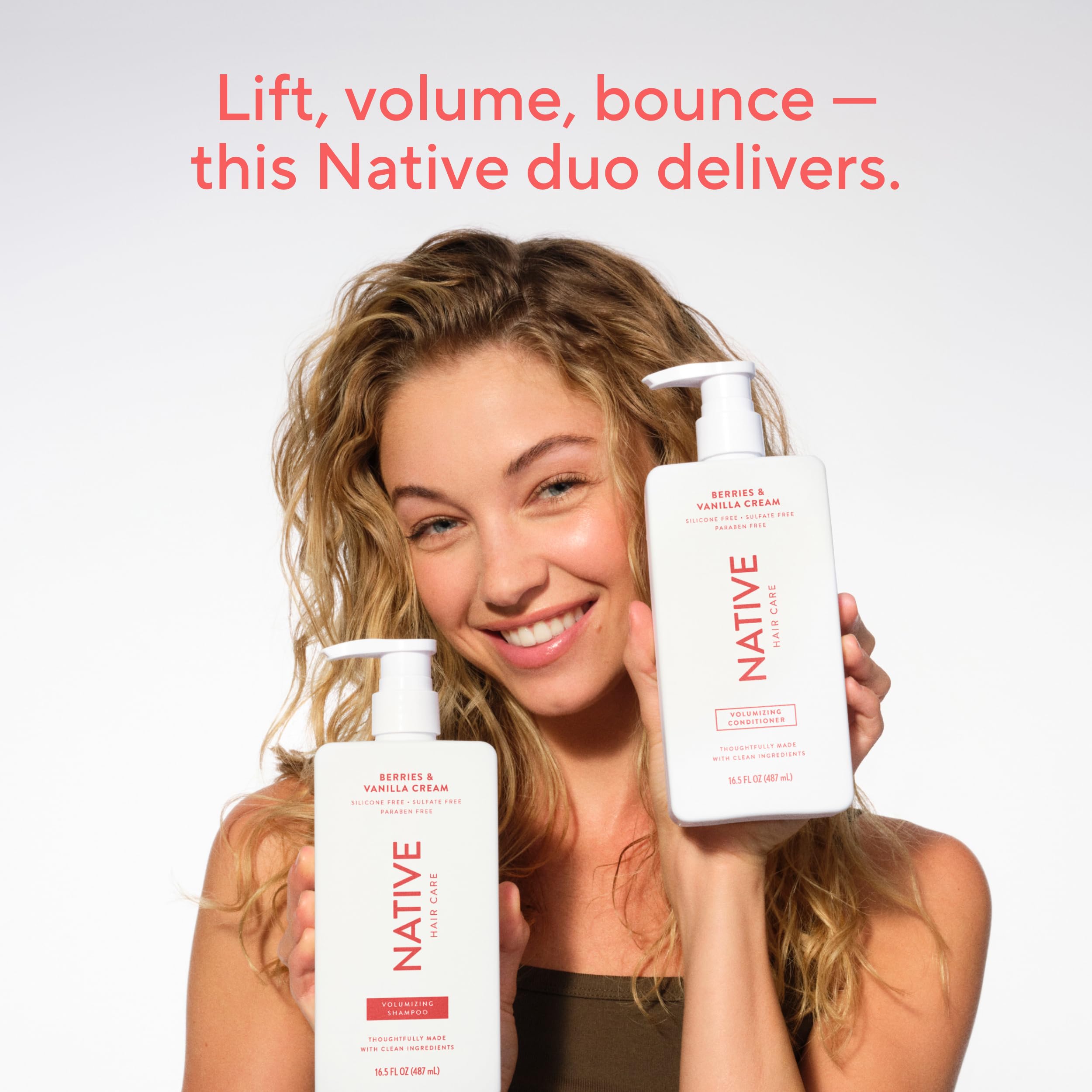 Side-view of Native Volumizing Shampoo bottle for compact storage