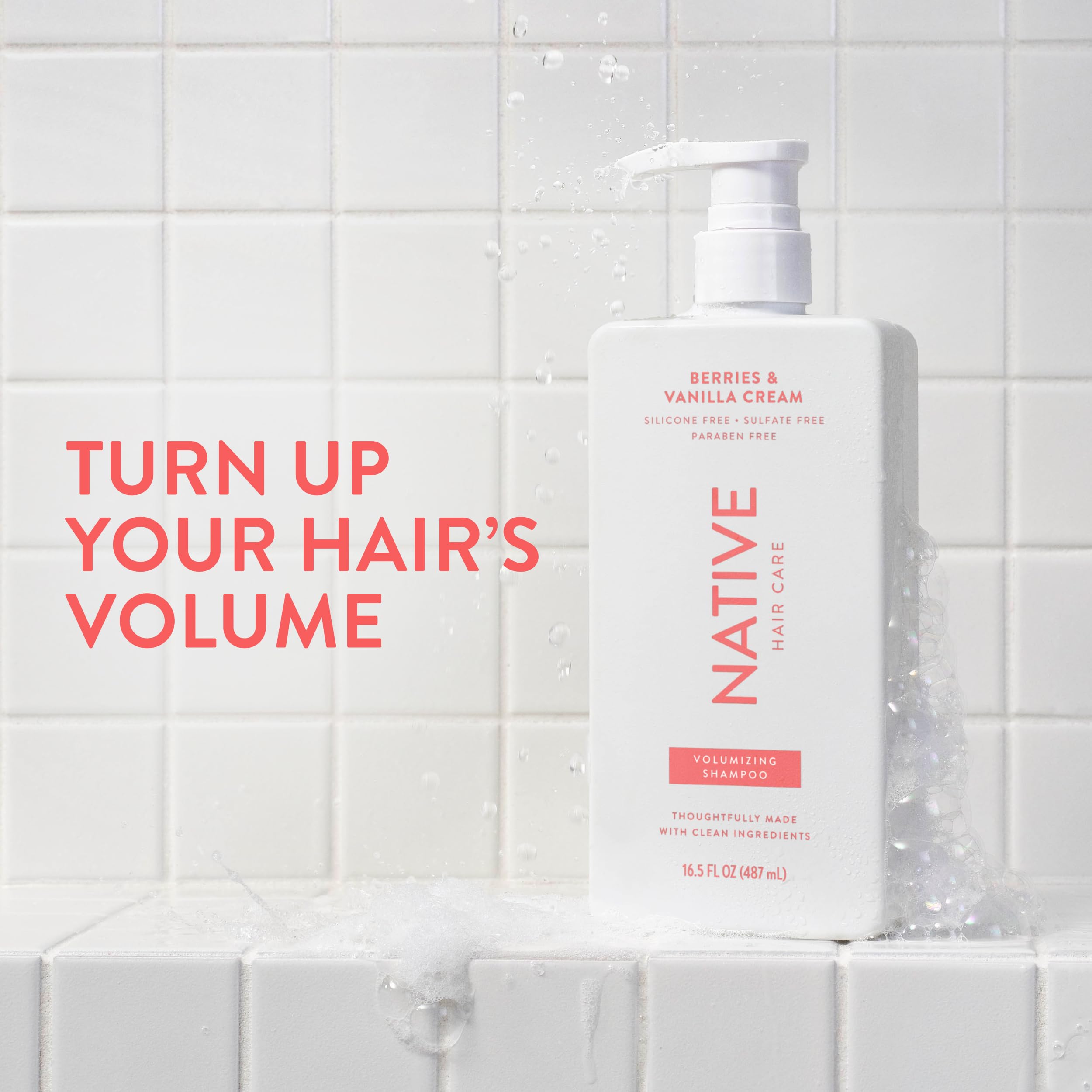Close-up of Native Volumizing Shampoo pump-top for easy daily dosing