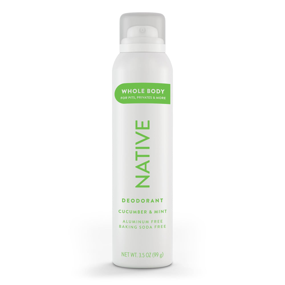 Native whole body deodorant spray bottle in cucumber-mint, refreshing scent