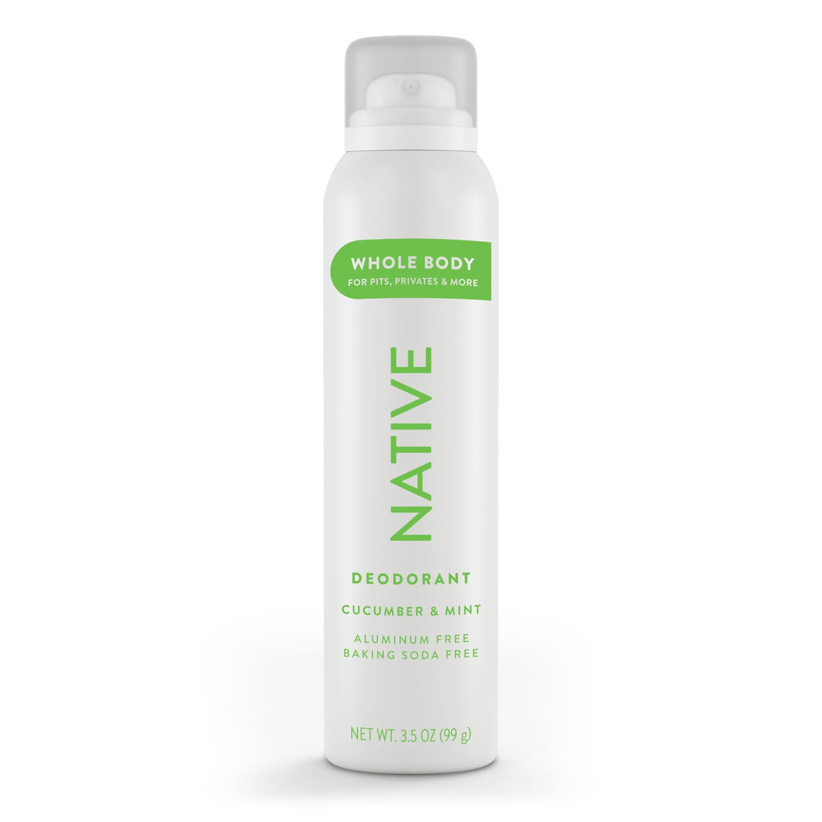 Native whole body deodorant spray bottle in cucumber-mint, refreshing scent