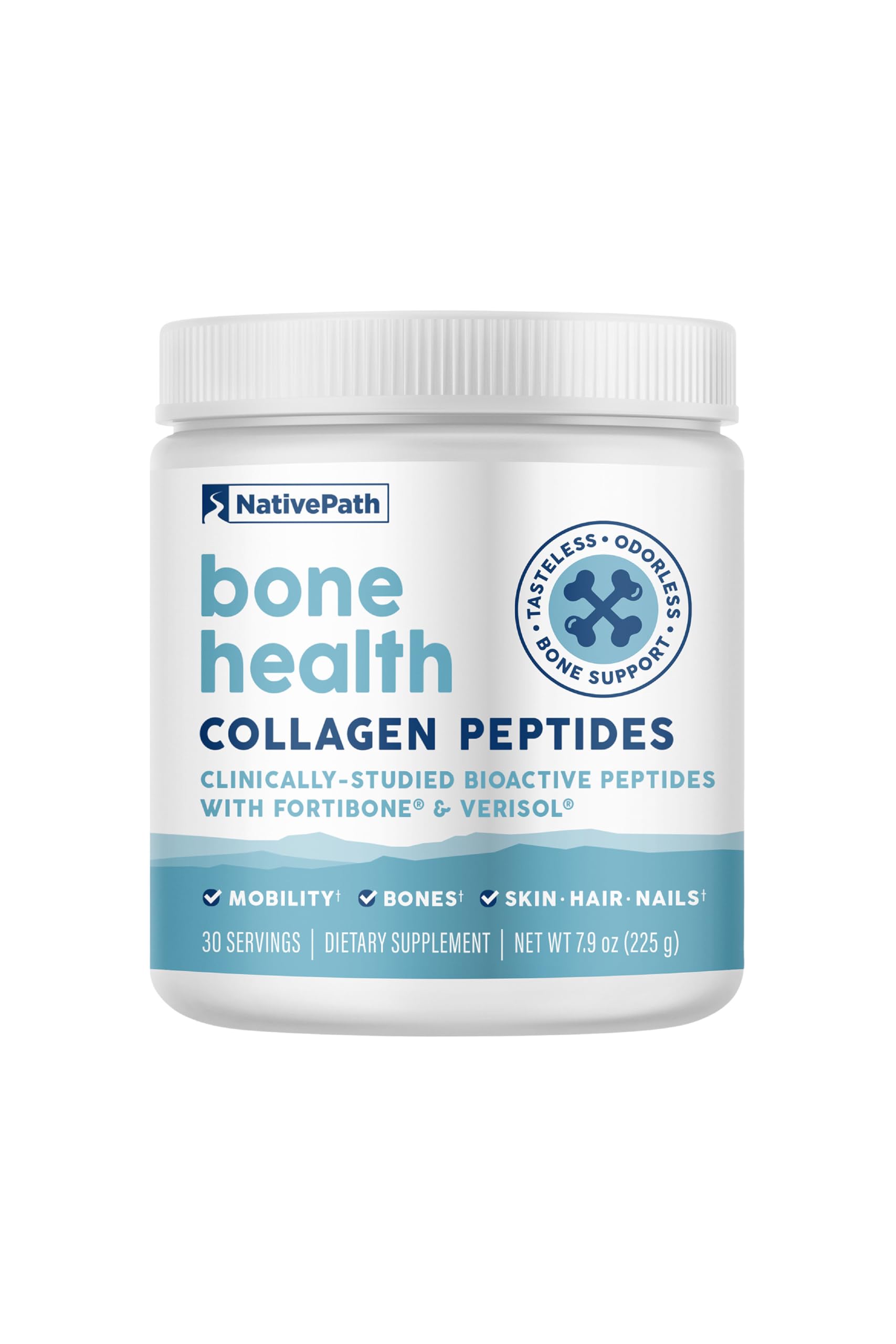 NativePath Bone Health collagen tub close-up label highlighting Fortibone and Verisol blend.