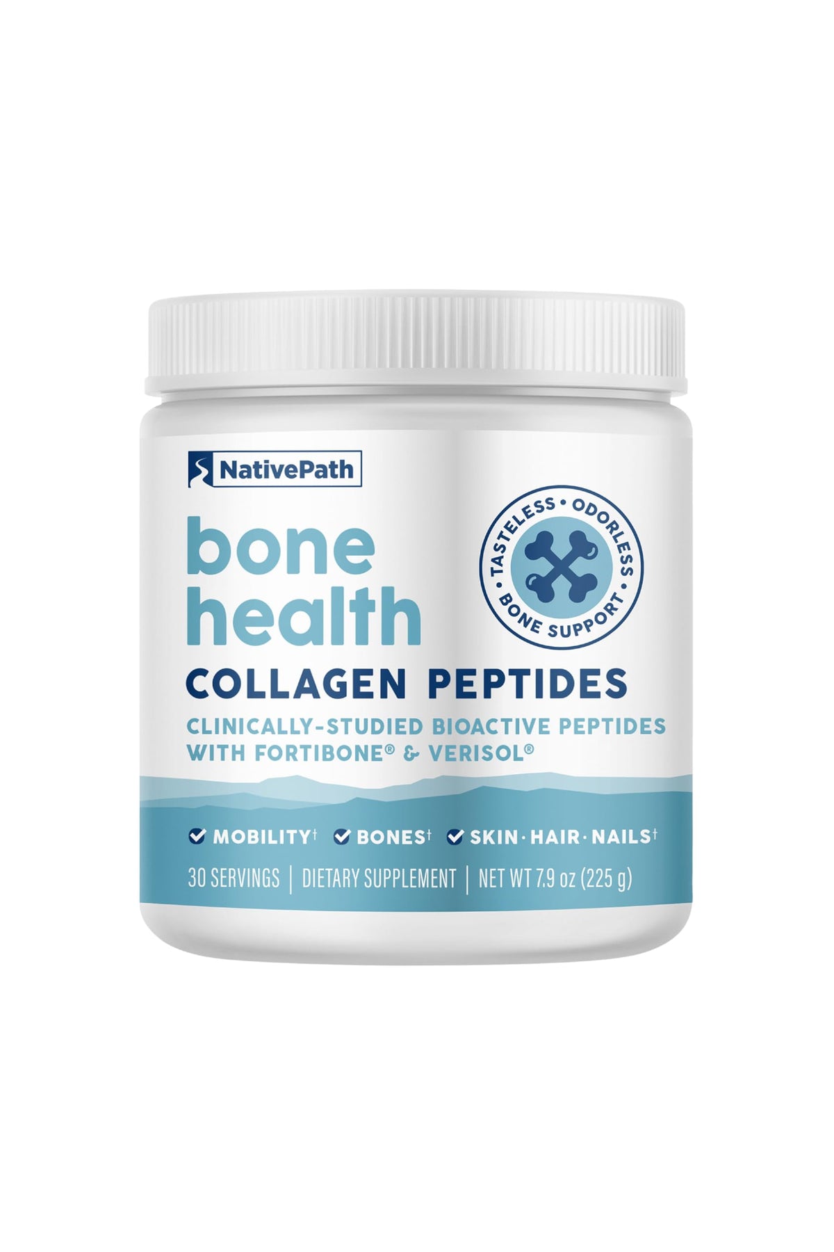 NativePath Bone Health collagen tub close-up label highlighting Fortibone and Verisol blend.